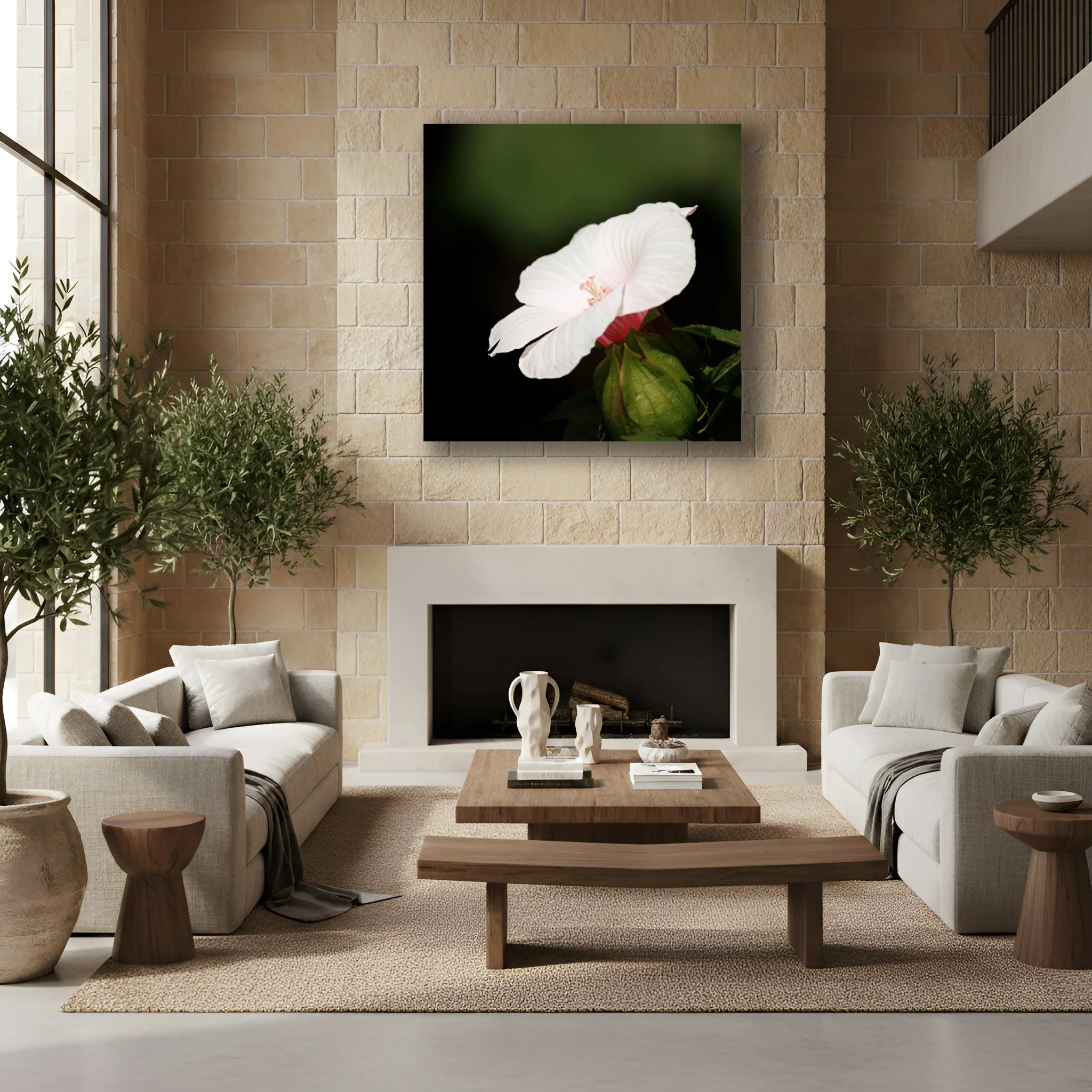 Large 40"x40" acrylic print of a hibiscus flower in a quiet luxury living room