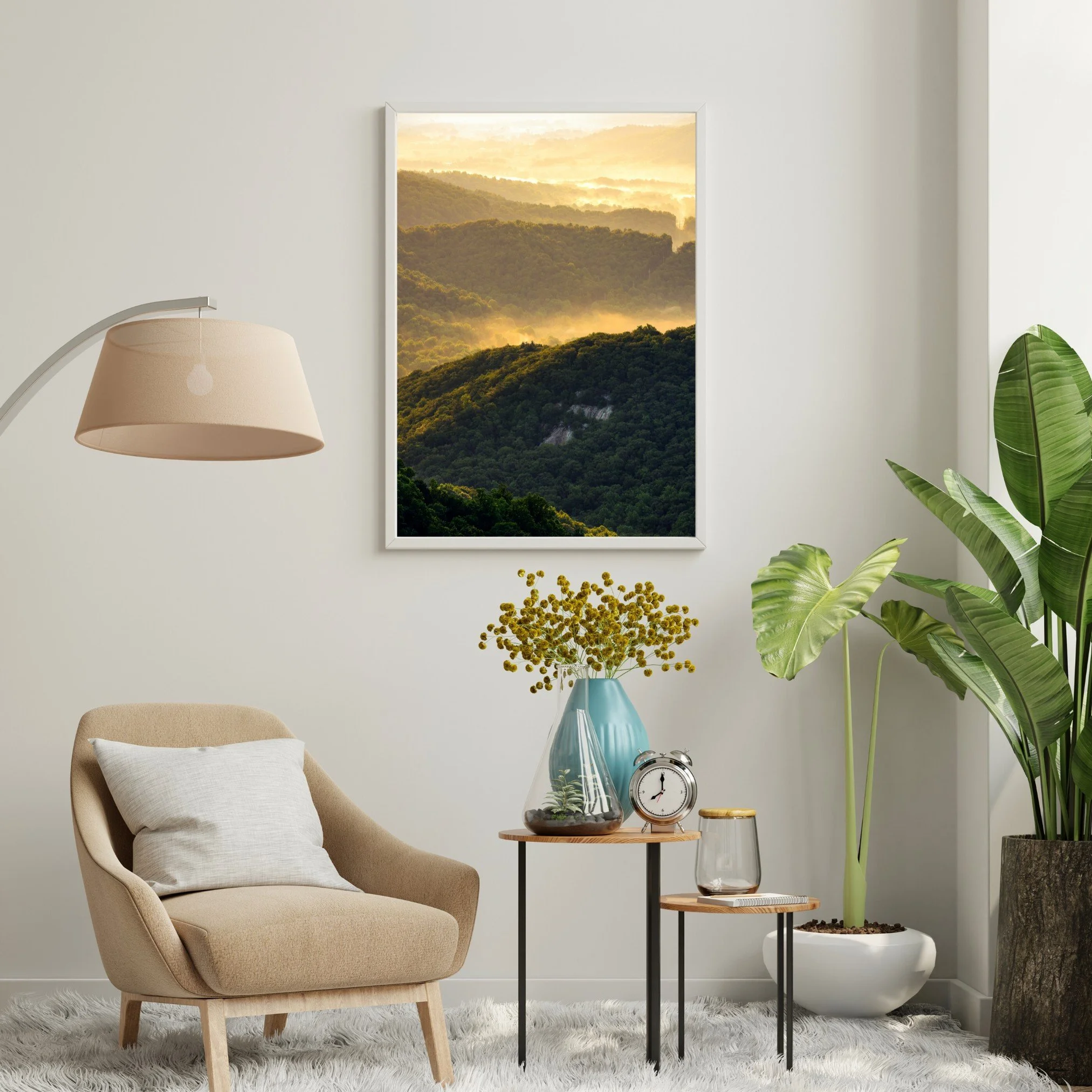 Neutral-Aesthetic-Modern-Living-Room-Interior-Wall-Art-Frame-Mockup-Golden-Sunrise-Shenandoah-National-Park-Curtis-Harsh-Photography.jpg