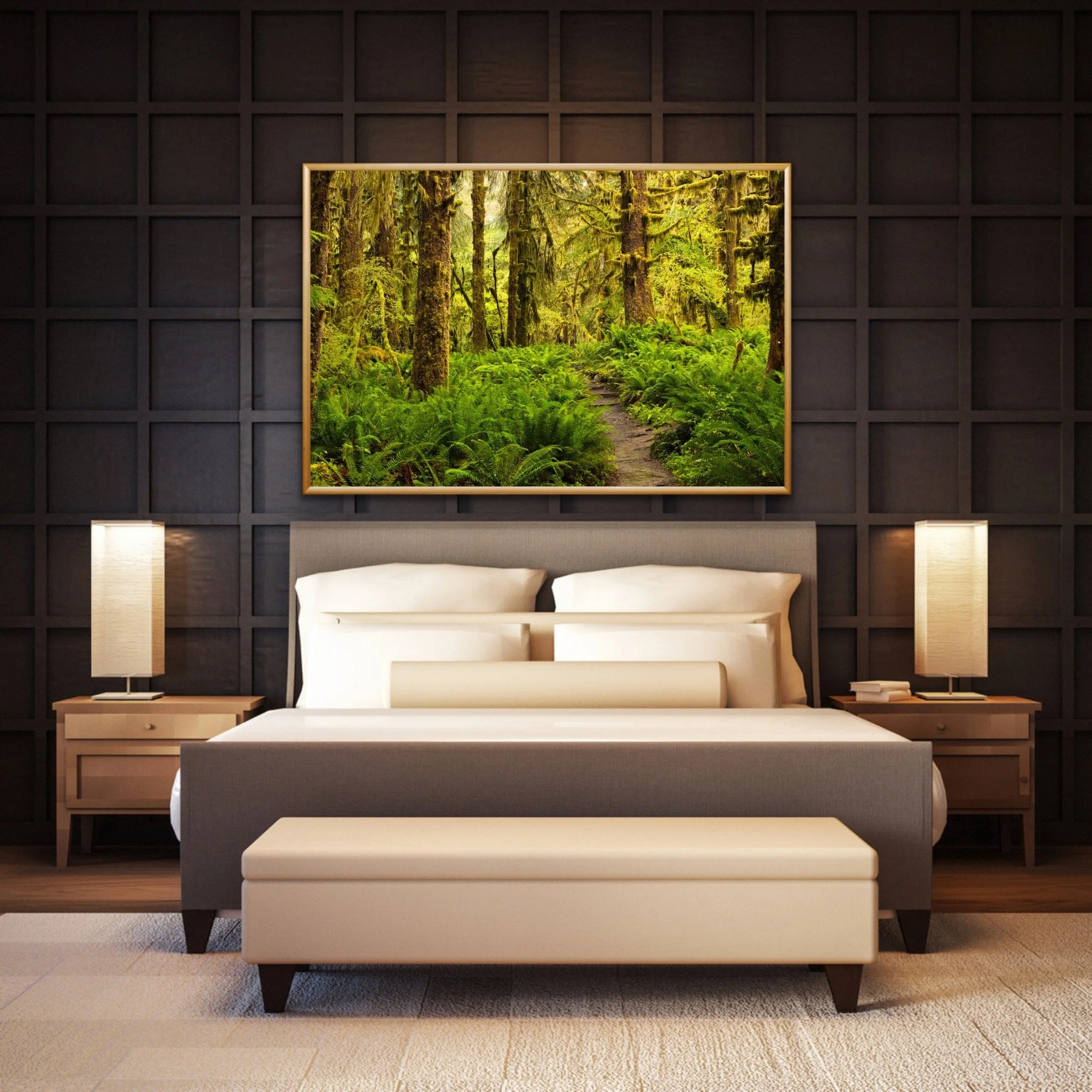 A framed fine art photograph of a trail in the Hoh Rainforest sits above a bed in a modern brown bedroom.