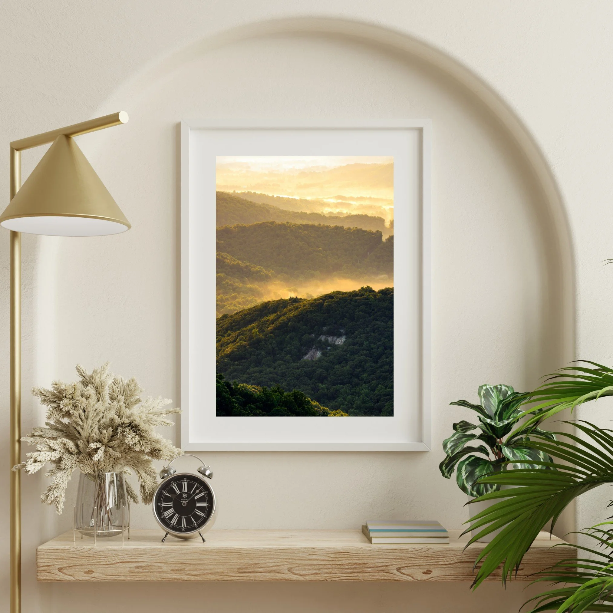 Beige-Modern-Aesthetic-Living-Room-Wall-Art-White-Frame-Mockup-Golden-Sunrise-Shenandoah-National-Park-Curtis-Harsh-Photography.jpg