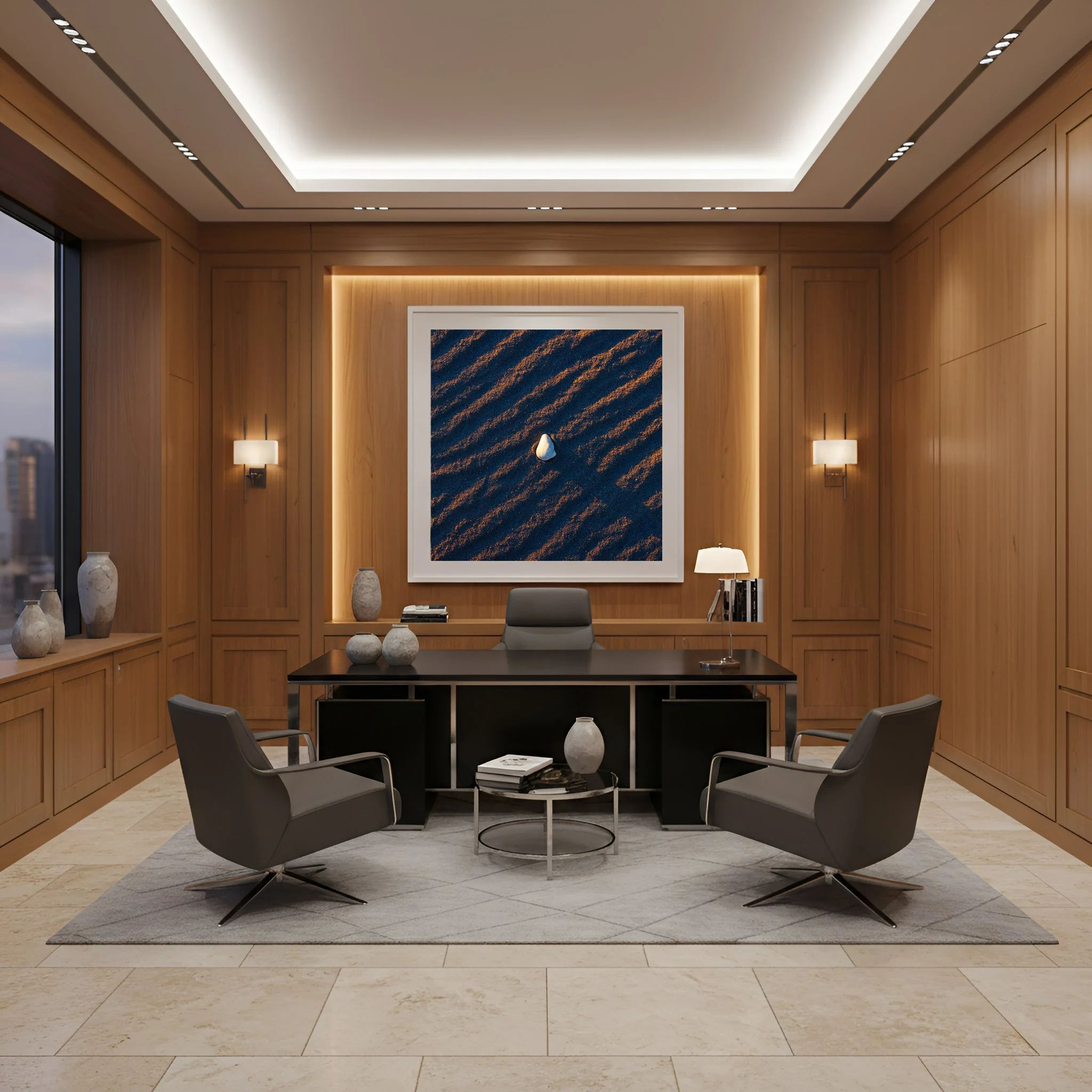 Large framed sand texture photo hangs in an executive office above a desk in a recessed and lighted alcove.