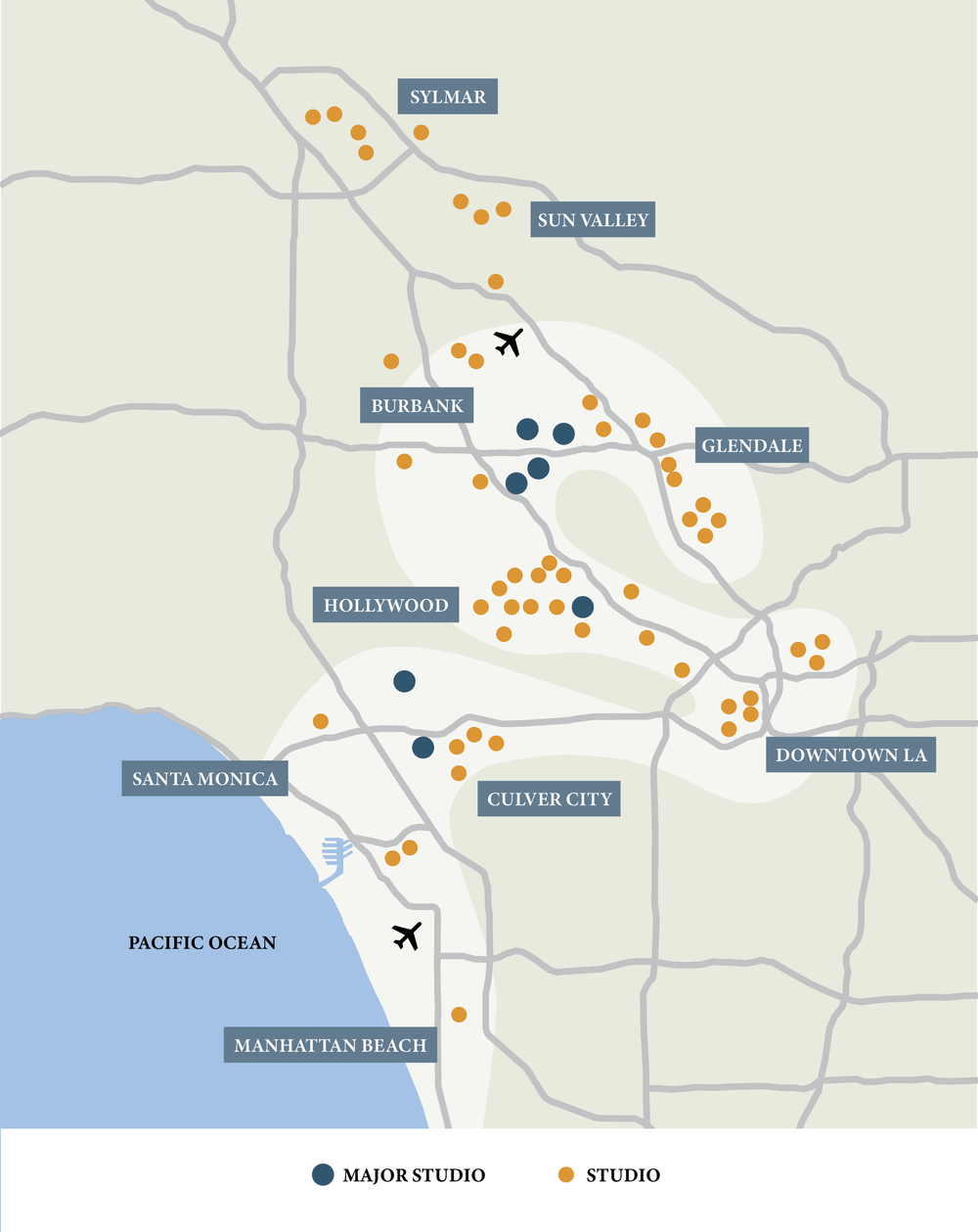 Map of Los Angeles studios along the S-Curve, from Sylmar and Burbank through Hollywood to Culver City and Manhattan Beach