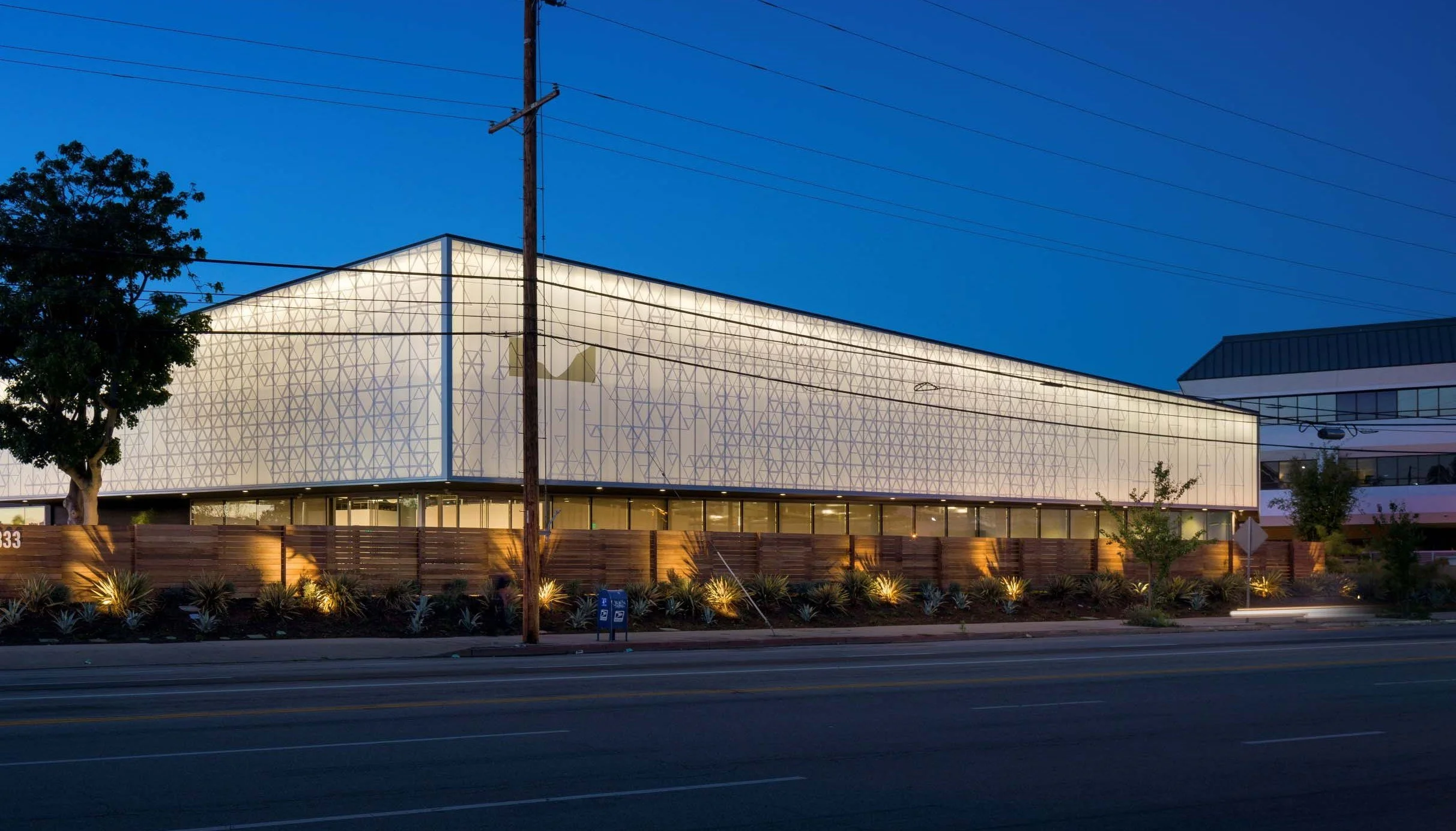Element LA, Riot Games' headquarters at 12333 West Olympic Boulevard, at dusk