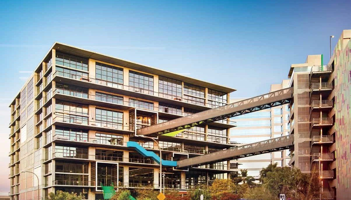 C3 at Culver Pointe, a creative office campus in Culver City, with its bridge to the parking structure