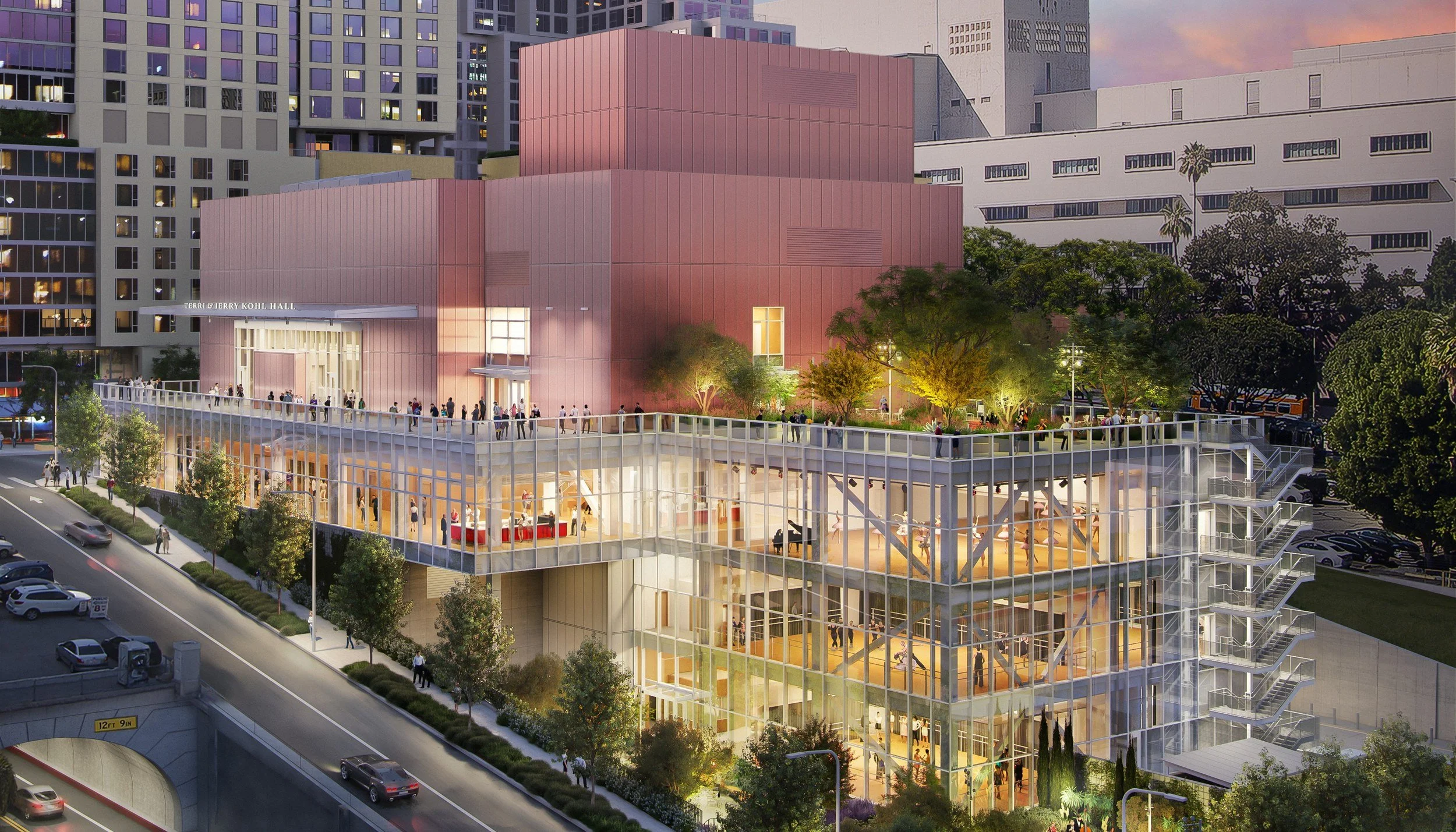 Rendering of the Colburn School's Frank Gehry–designed expansion in downtown Los Angeles, seen from Hill and 2nd streets at dusk