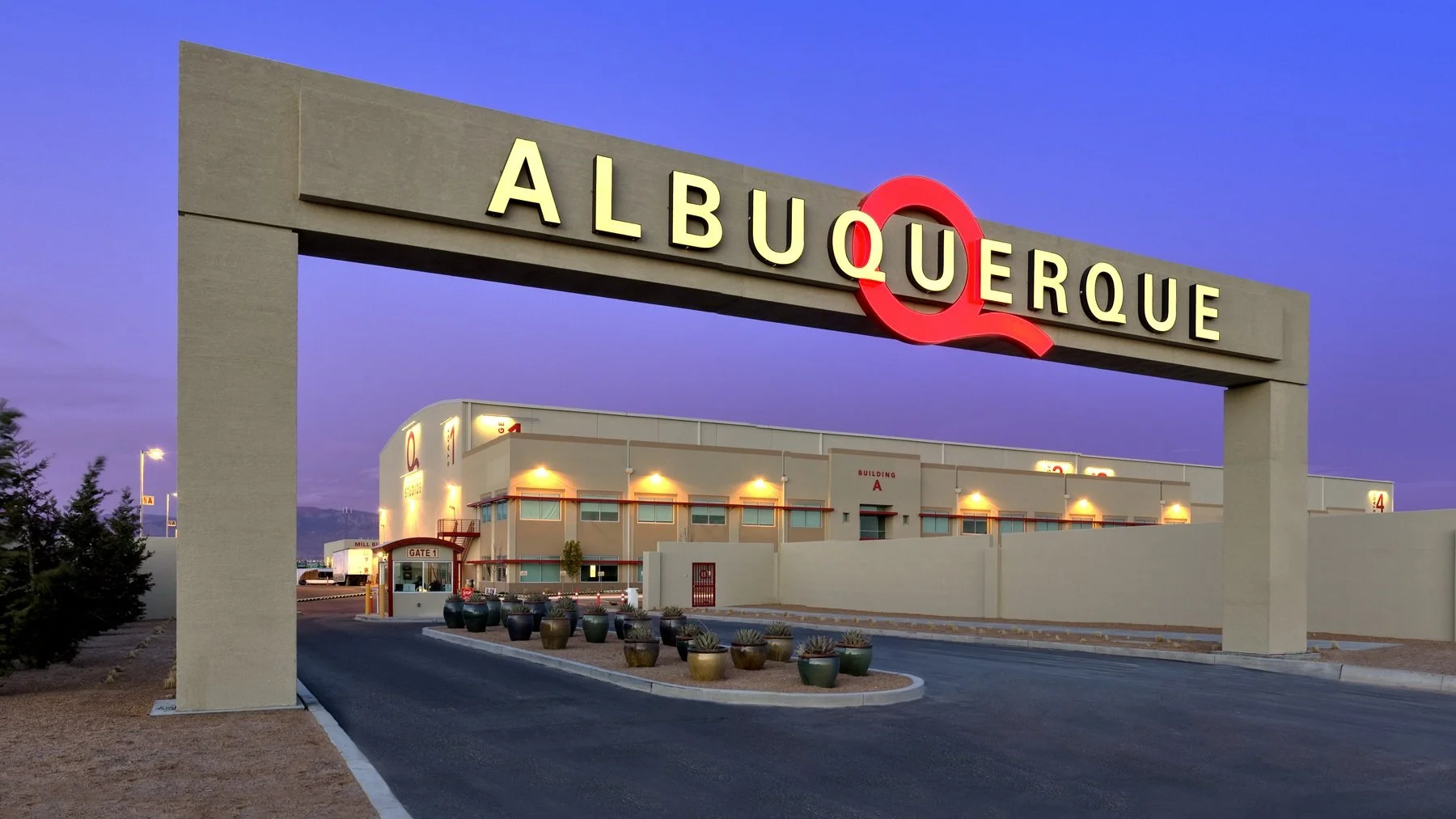 Main gate at Albuquerque Studios at Mesa del Sol in Albuquerque