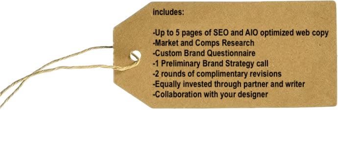 Brown tag with white string describing a service package that includes SEO-optimized web copy, market research, brand questionnaire, strategy call, revision rounds, partnership, and collaboration with a designer.