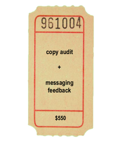 A beige price tag with red borders, displaying the number 961004. The tag has text that reads 'copy audit + messaging feedback' and a price of $550.