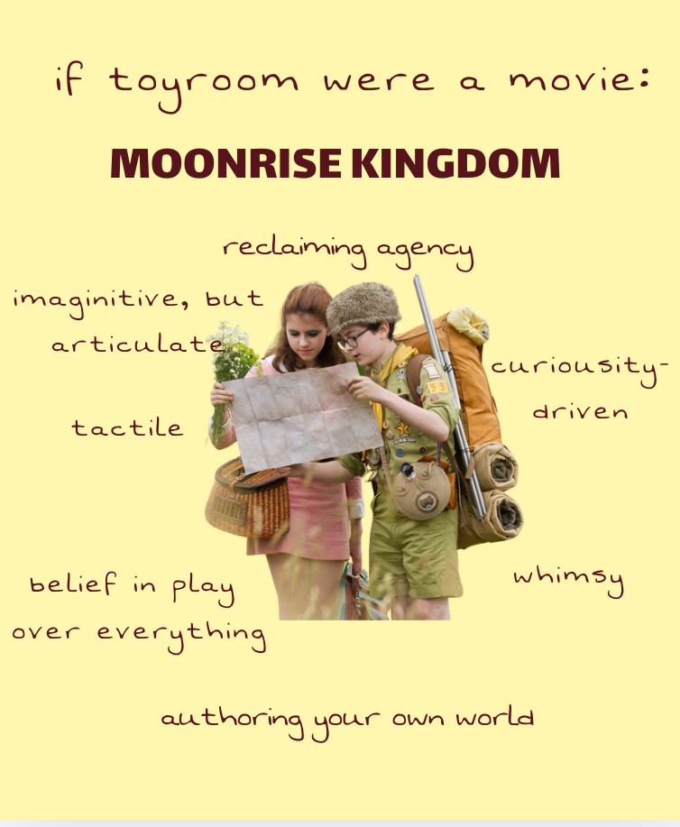 A printed poster featuring two children in Scout uniforms looking at a map, with of the text: "if toyroom were a movie: MOONRISE KINGDOM" and several descriptive words around them like 'reclaiming agency,' 'imaginative,' 'curiosity-driven,' 'tactile,' 'belief in play,' 'whimsy,' and 'authoring your own world.'