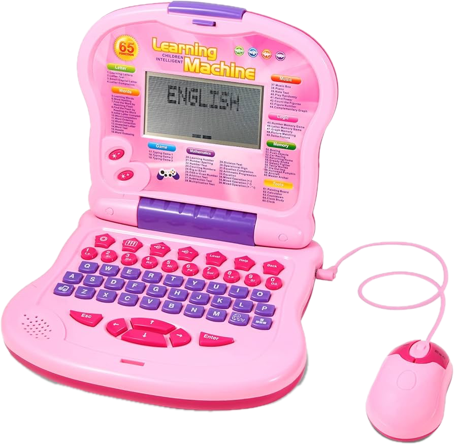 Pink children's learning laptop with a detachable mouse. The screen displays the word 'ENGLISH'.