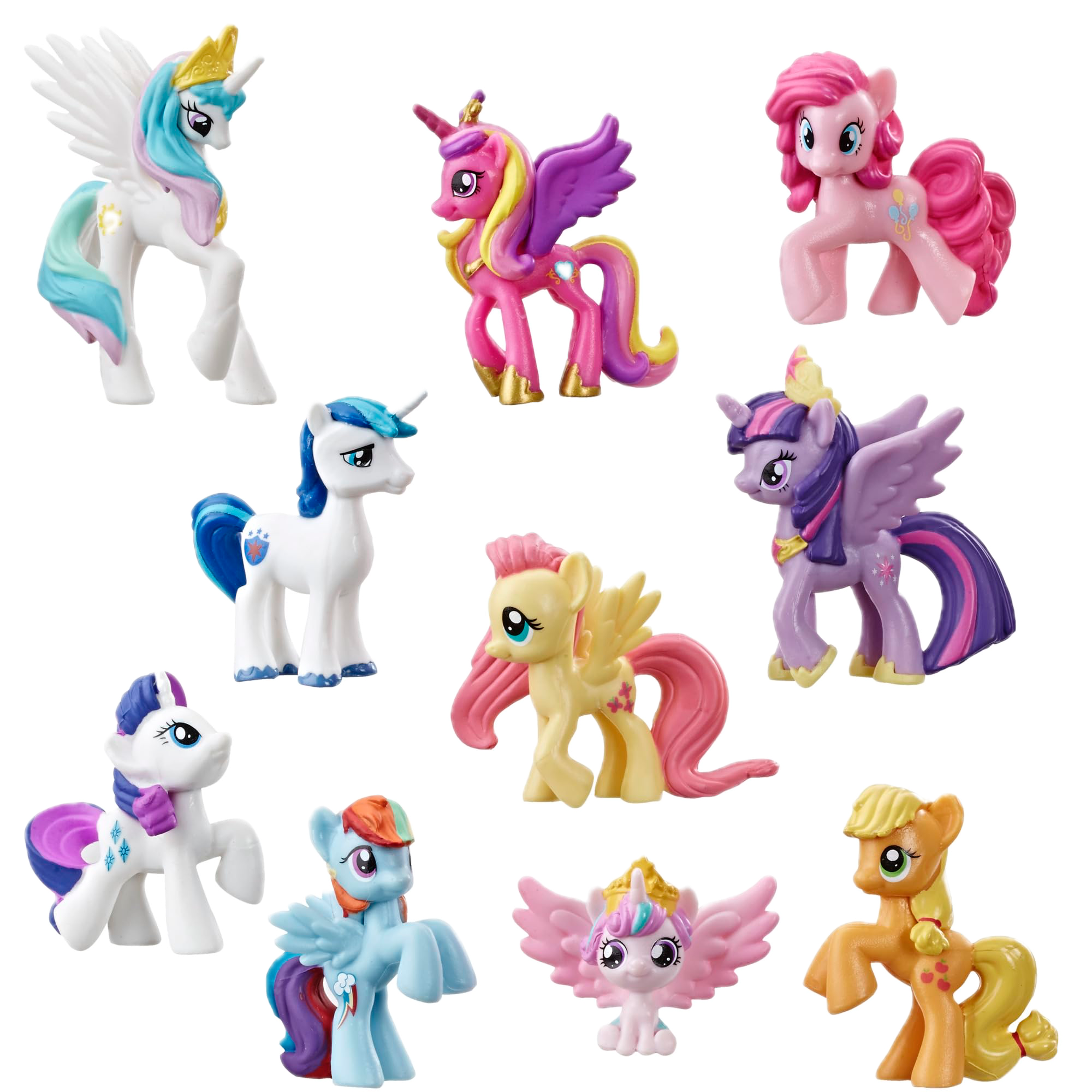 Collection of My Little Pony figurines featuring various colorful ponies with wings and horns, including characters with pink, purple, yellow, and blue manes and tails, and decorative symbols on their bodies.