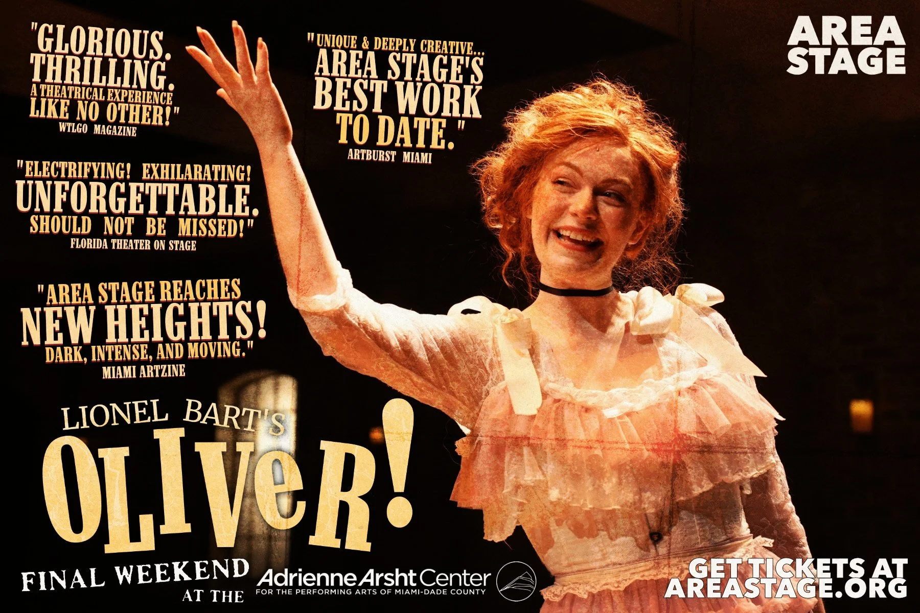 Poster for a stage production of Lionel Bart's Oliver! featuring a smiling woman with curly red hair in a ruffled pink dress, waving with her right hand, surrounded by quotes and text about the show, and the area stage logo in the top right corner.