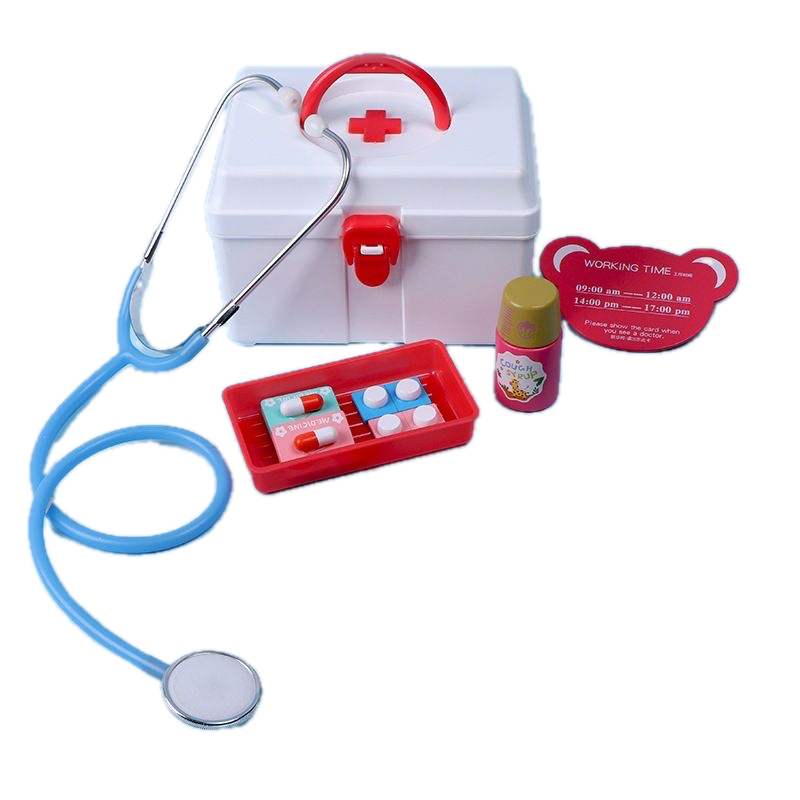 A toy medical playset that includes a white first-aid box, a stethoscope, a red pill organizer with pills, a small bottle, a work schedule card, and a red and white alcohol swab box.