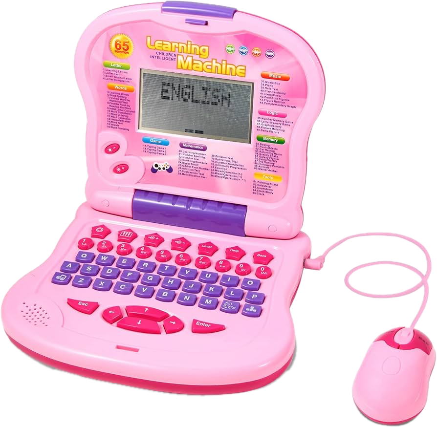A pink childrens learning laptop with a detachable mouse. The laptop has a screen displaying the word 'ENGLISH' and various colorful buttons and labels for learning topics like letters, words, and math.