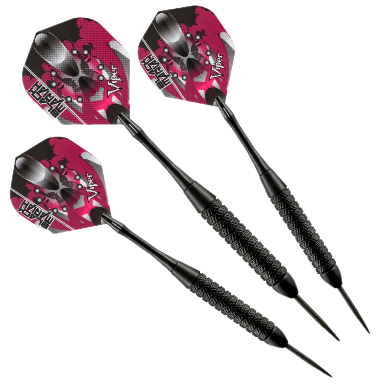 Three black darts with pink, black, and white flight designs, featuring a skull graphic and the words 'Darts' and 'Viper'.