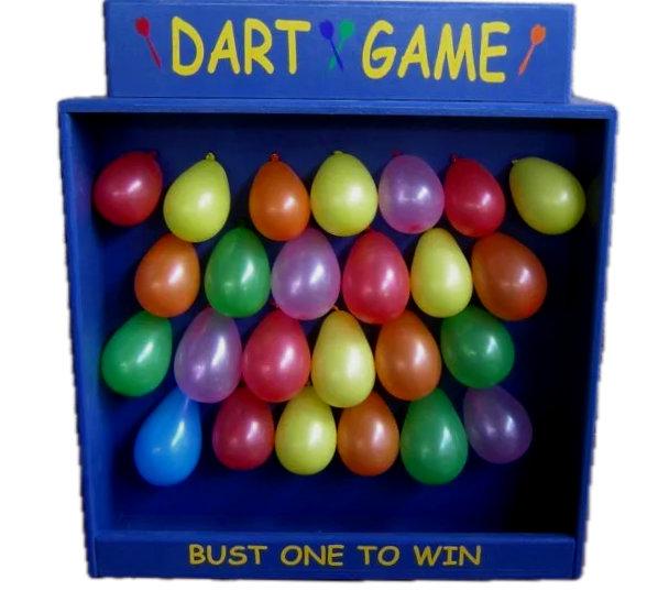 Colorful balloons arranged inside a blue box labeled 'DART GAME' with a yellow sign, and the words 'BUST ONE TO WIN' at the bottom.