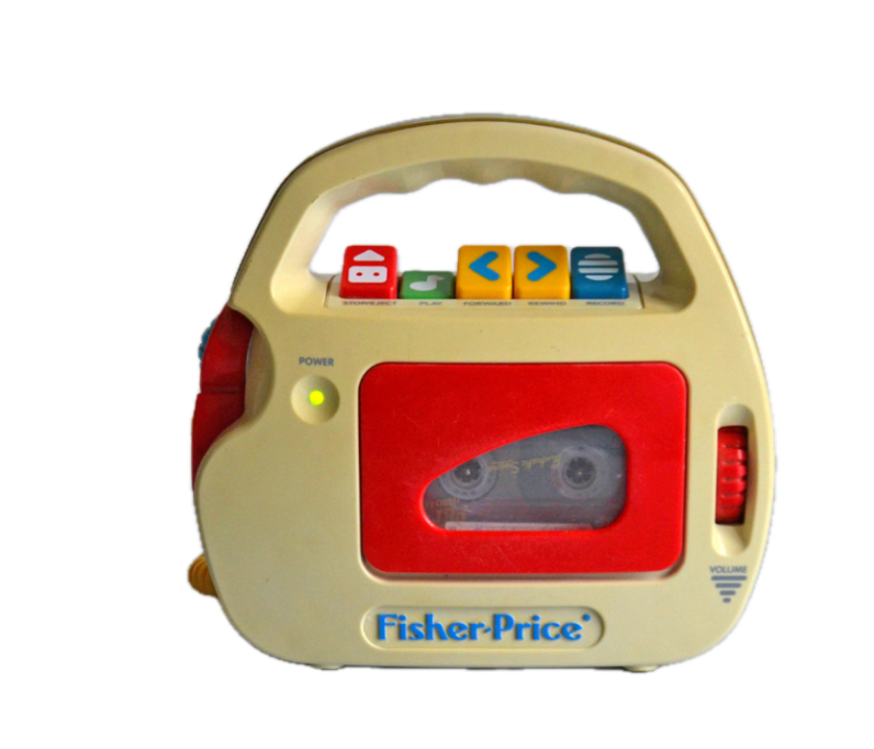 Colorful Fisher-Price toy with buttons, a handle, and a cassette slot, resembling a portable tape recorder or a teaching device.