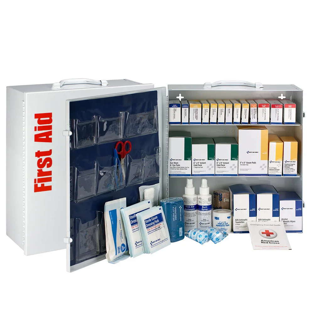 First aid kit with various medical supplies and medications.