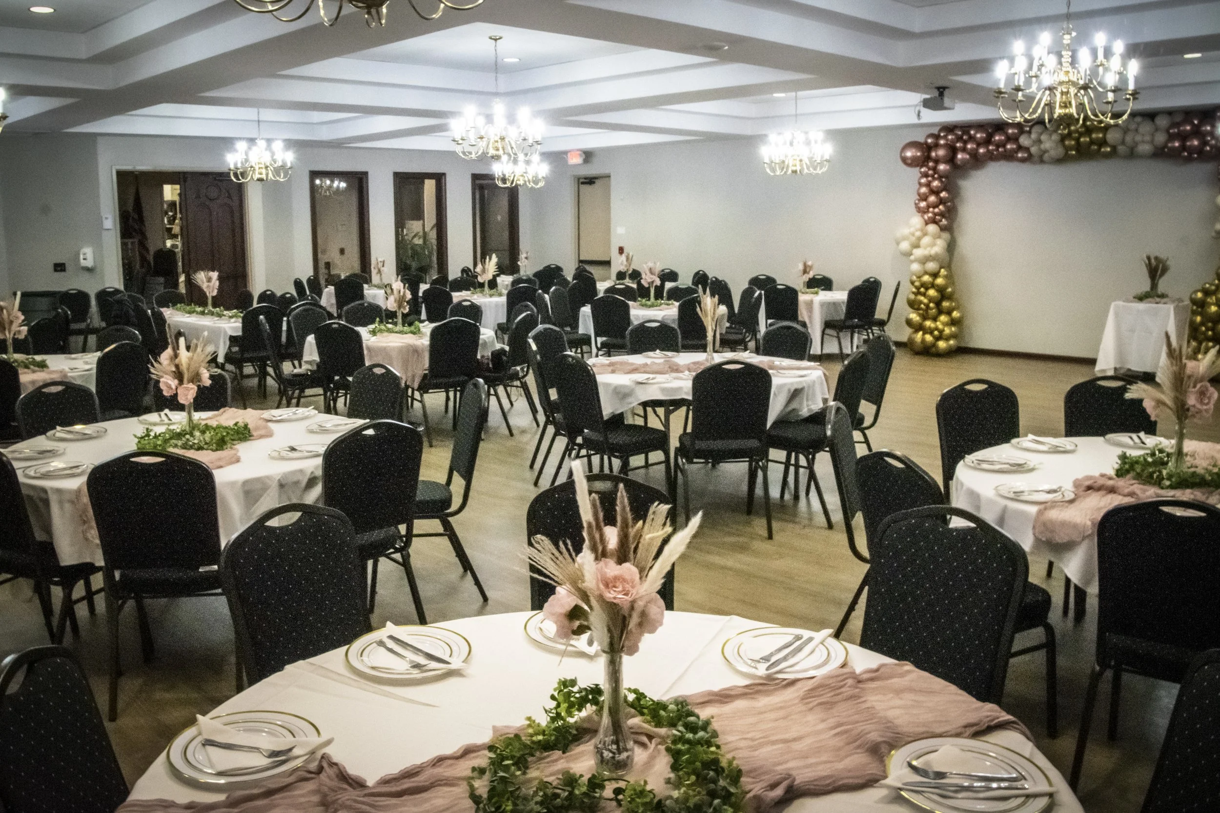 Banquet room prepared for an event at the Reynoldsburg Ohio St Mary's Macedonian Church