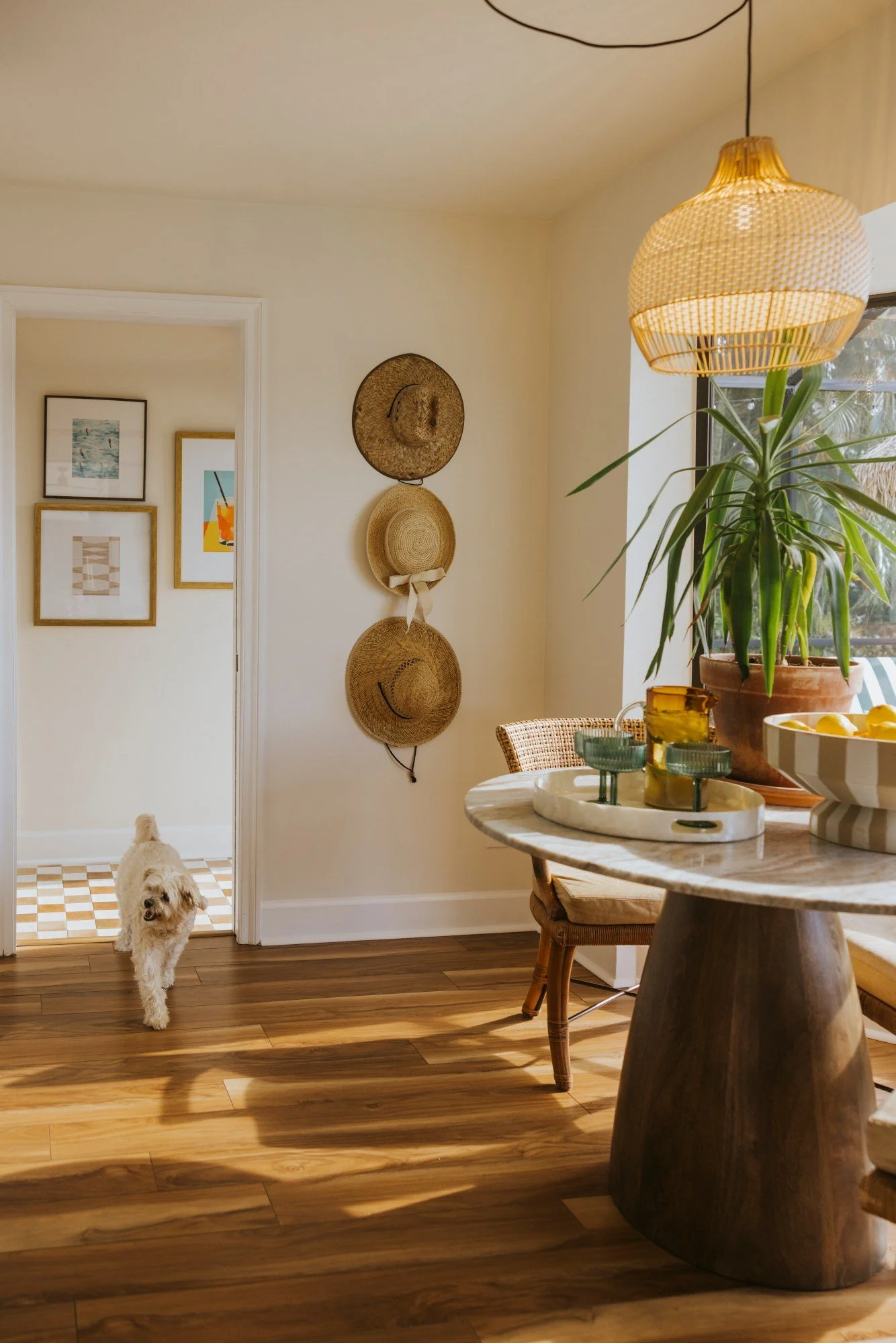 Beau Beau round dining table with woven chairs and pendant lighting