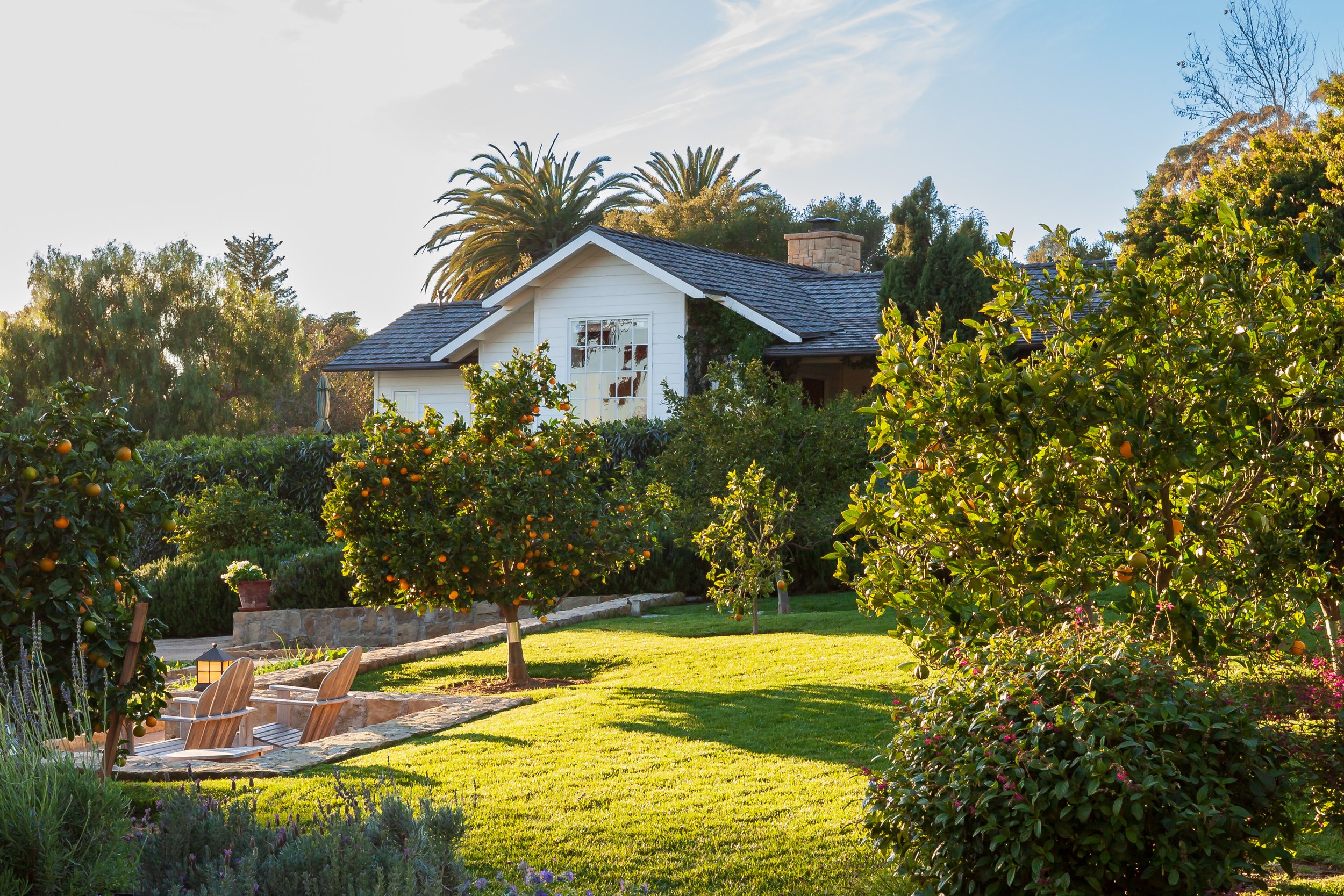 White cottage with dark roof surrounded by a lush landscaped garden, citrus trees, palm trees, stone patio, and Adirondack chairs