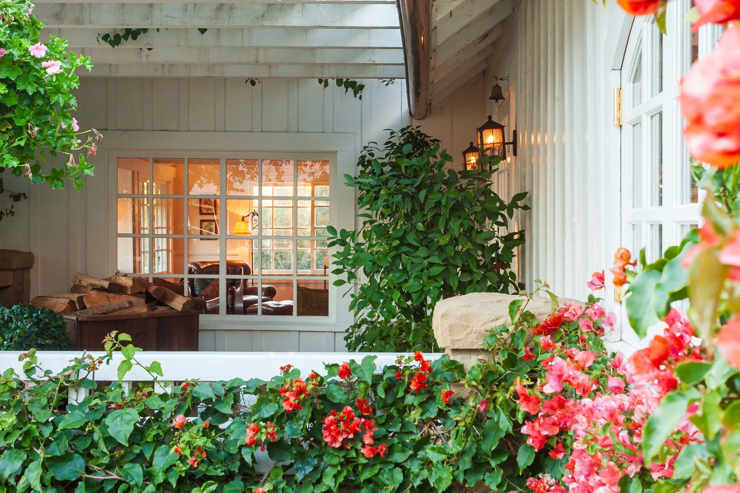 Cottage courtyard with flowering vines, potted greenery, lanterns, and a windowed view of a cozy living room