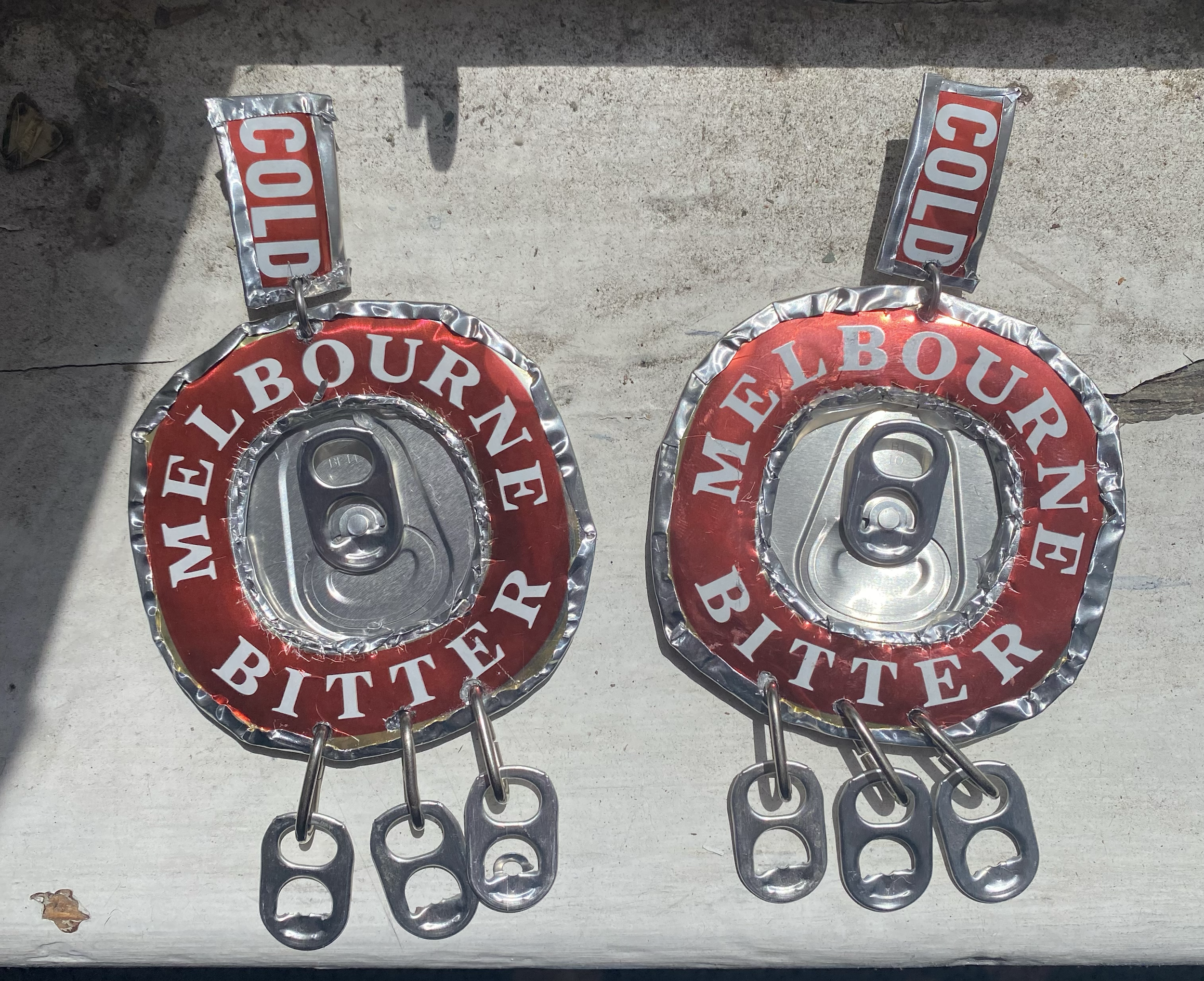 Melb Bitter Tinnie earrings 2023. Upcylced aluminium cans.