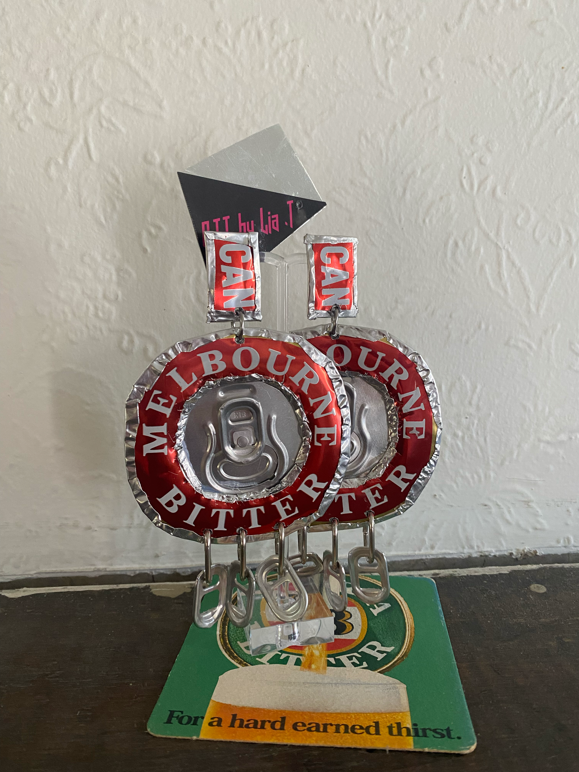 Melb Bitter Tinnie earrings 2023. Upcylced aluminium cans.