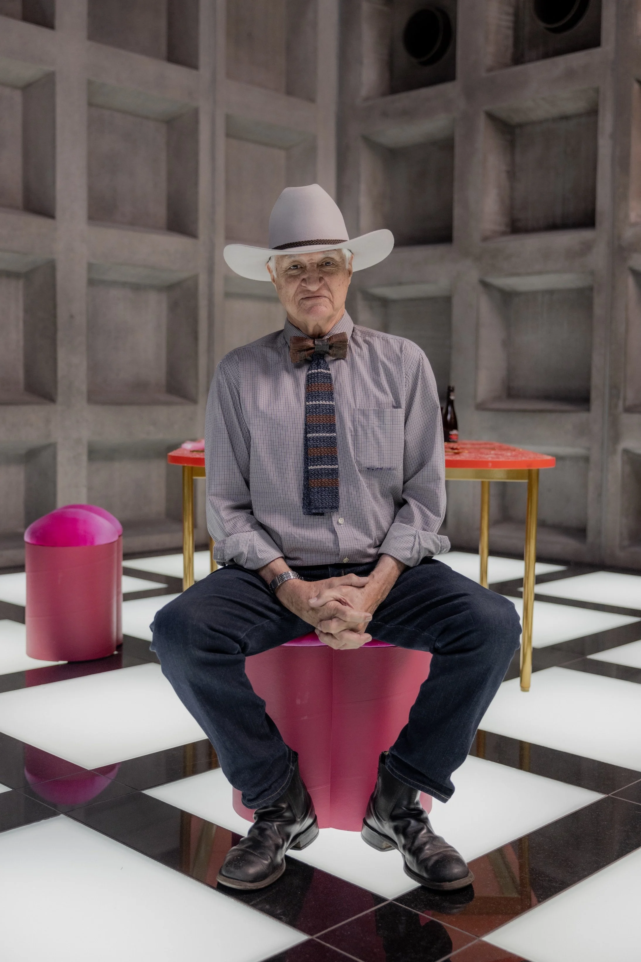 Cane toad leather bowtie custom made for Eat the Invaders 2025 ABC TV produced by Kirsha Kaechele from Mona Museum and Closer Productions hosted by Tony Armstrong 
