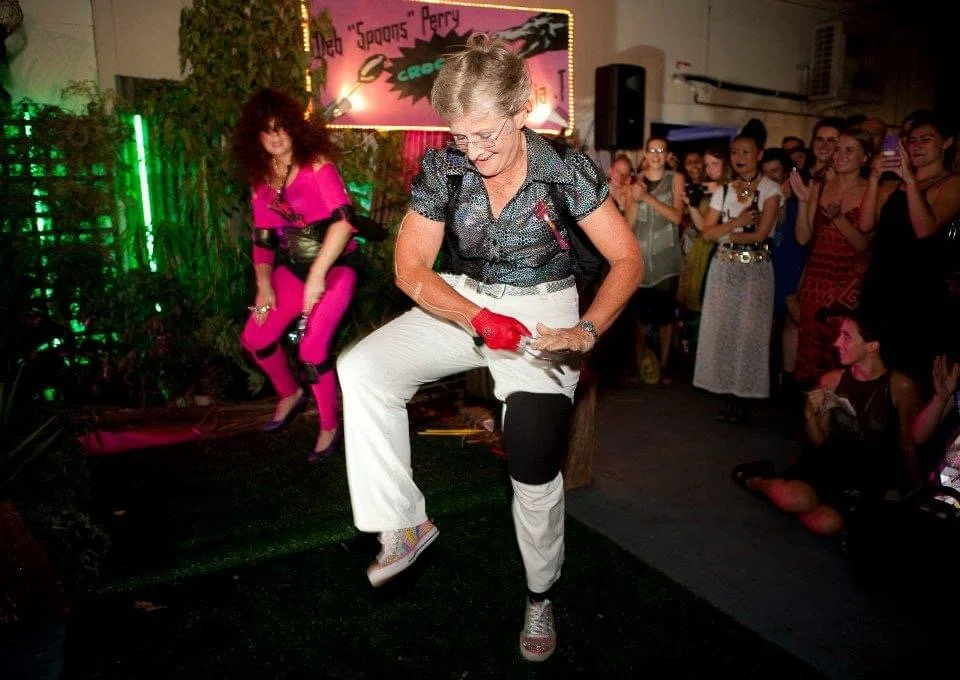 We flew Deb 'Spoons' Perry out from remote Western Australia to perform at the CROC OFF. Deb 'Spoons' Perry for O.T.T by Lia .T CROC OFF March 2013. Opening night of Penthouse Mouse part of L'Oreal Melbourne Fashion Festival Cultural Program.Stage  b
