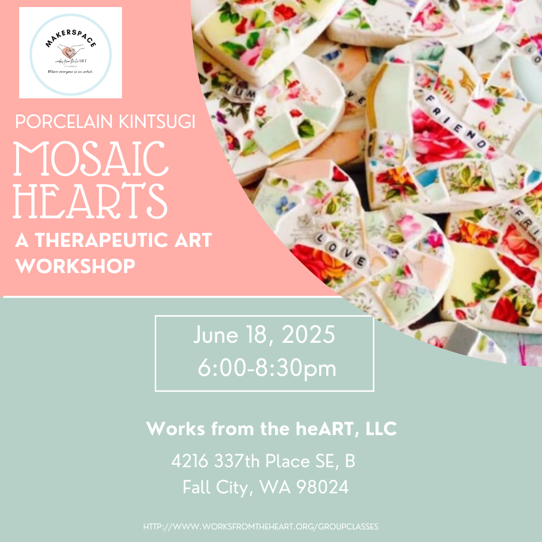porcelain kintsugi mosaic hearts: a therapeutic art workshop for women