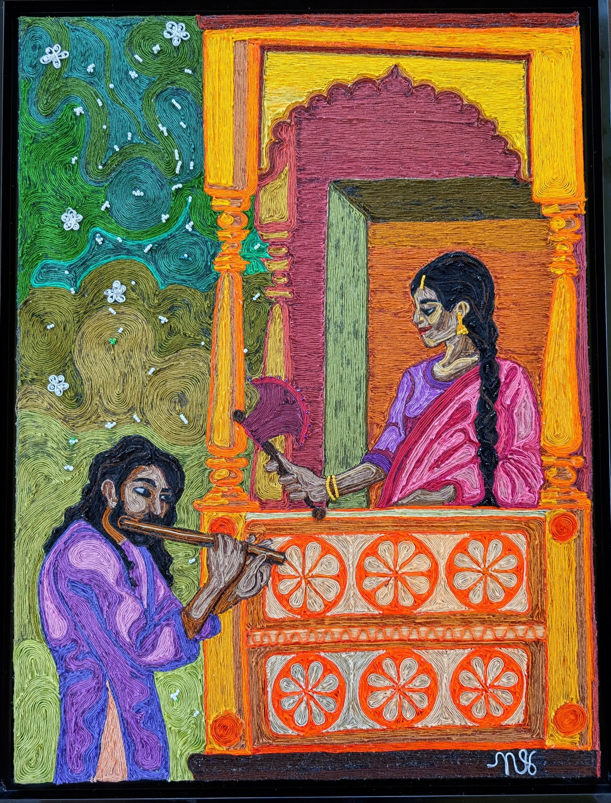 "Heer Ranjha"; thread and beads on canvas