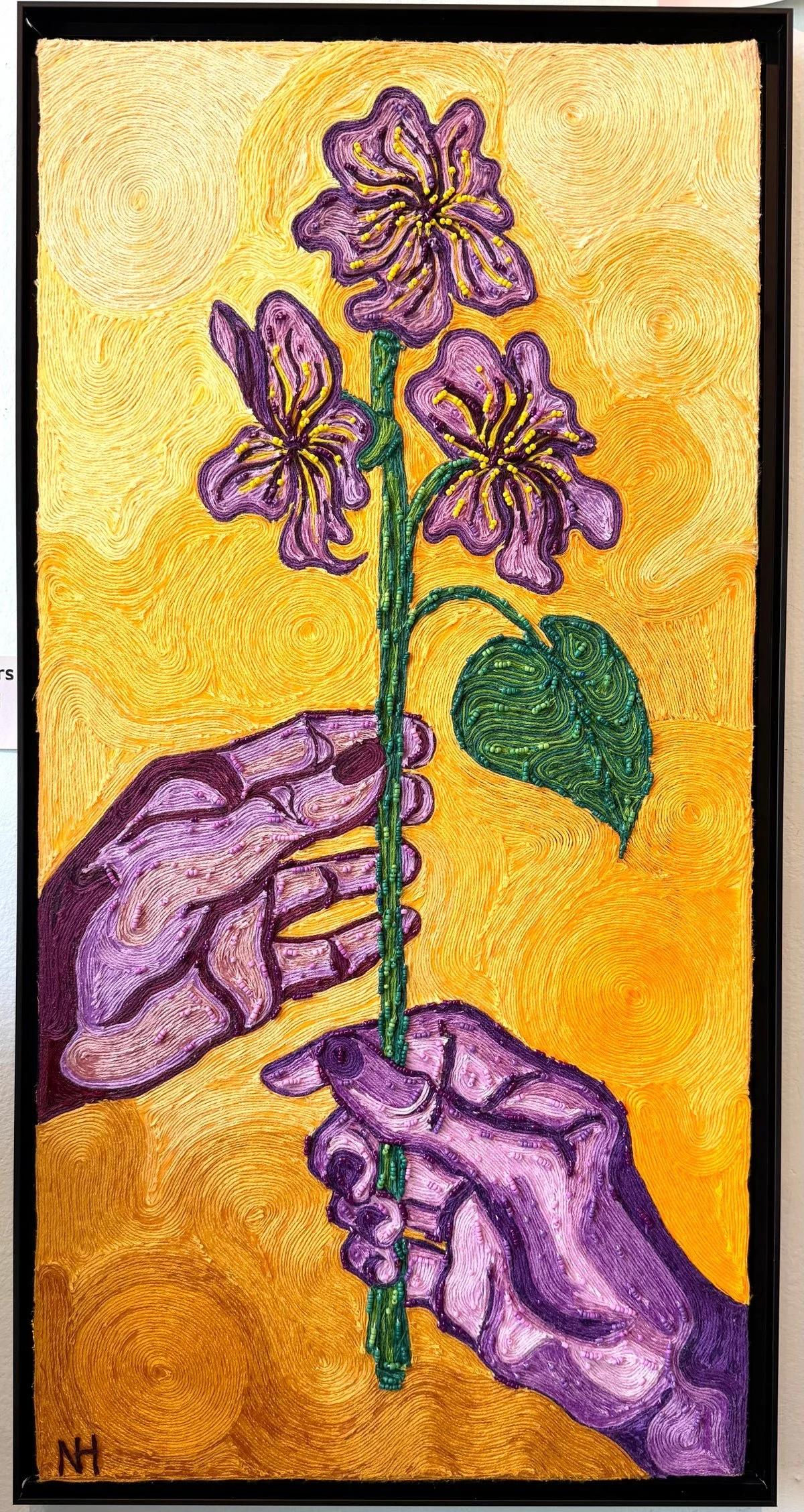 "Have Your Flowers" by Needa Hameed; thread and beads on canvas