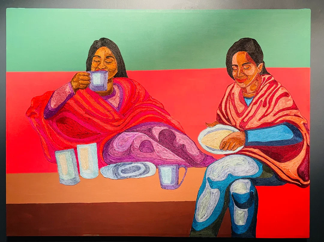 "Chilly Morning"; thread and paint on stretched canvas