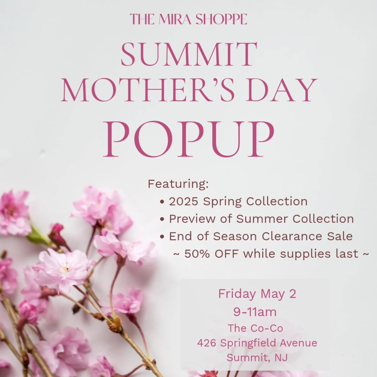 We are popping up in NJ! 

Two chances to find beautiful, meaningful gifts for Mother's Day. 

Visit us in Summit or in Basking Ridge and get first access to our Summer Collection and get amazing deals on our End of Season Clearance Sale: 50% off of 