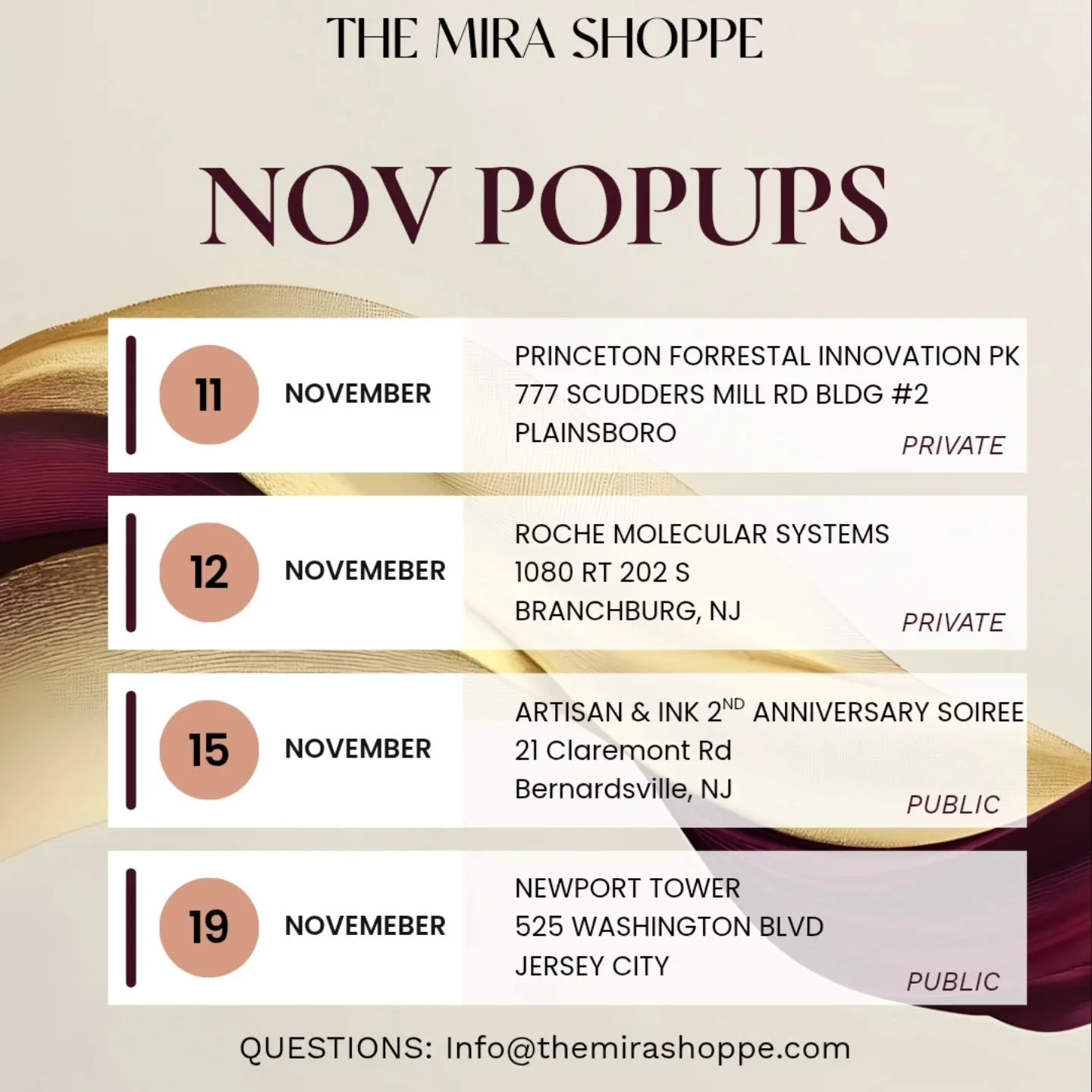 November is a busy month.  You can find me at the following popups. 

The first two are private corporate events.  If you work at these buildings, I'll see you there.  @croda_beauty 

Nov 15th is The Mira Shoppe's 2nd anniversary event.  Hope to see 