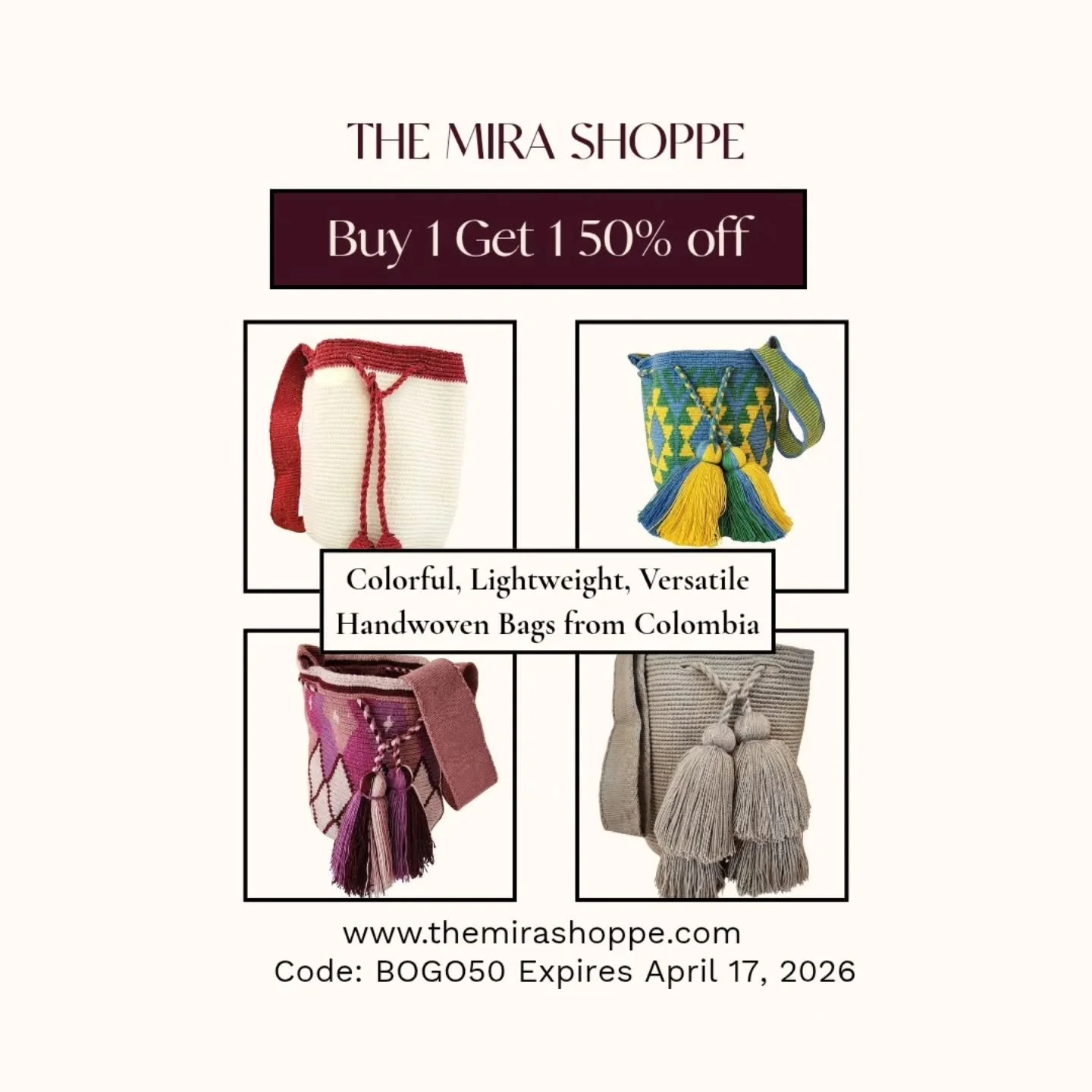 Meet the bag that took weeks to make by hand. 🤍

Our Wayuu bags are handwoven by indigenous women artisans from Colombia using a centuries-old technique
No two are alike. 

💰 Buy one, get one 50% off Deal expires Friday April 17. Code: BOGO50

🛍️ 