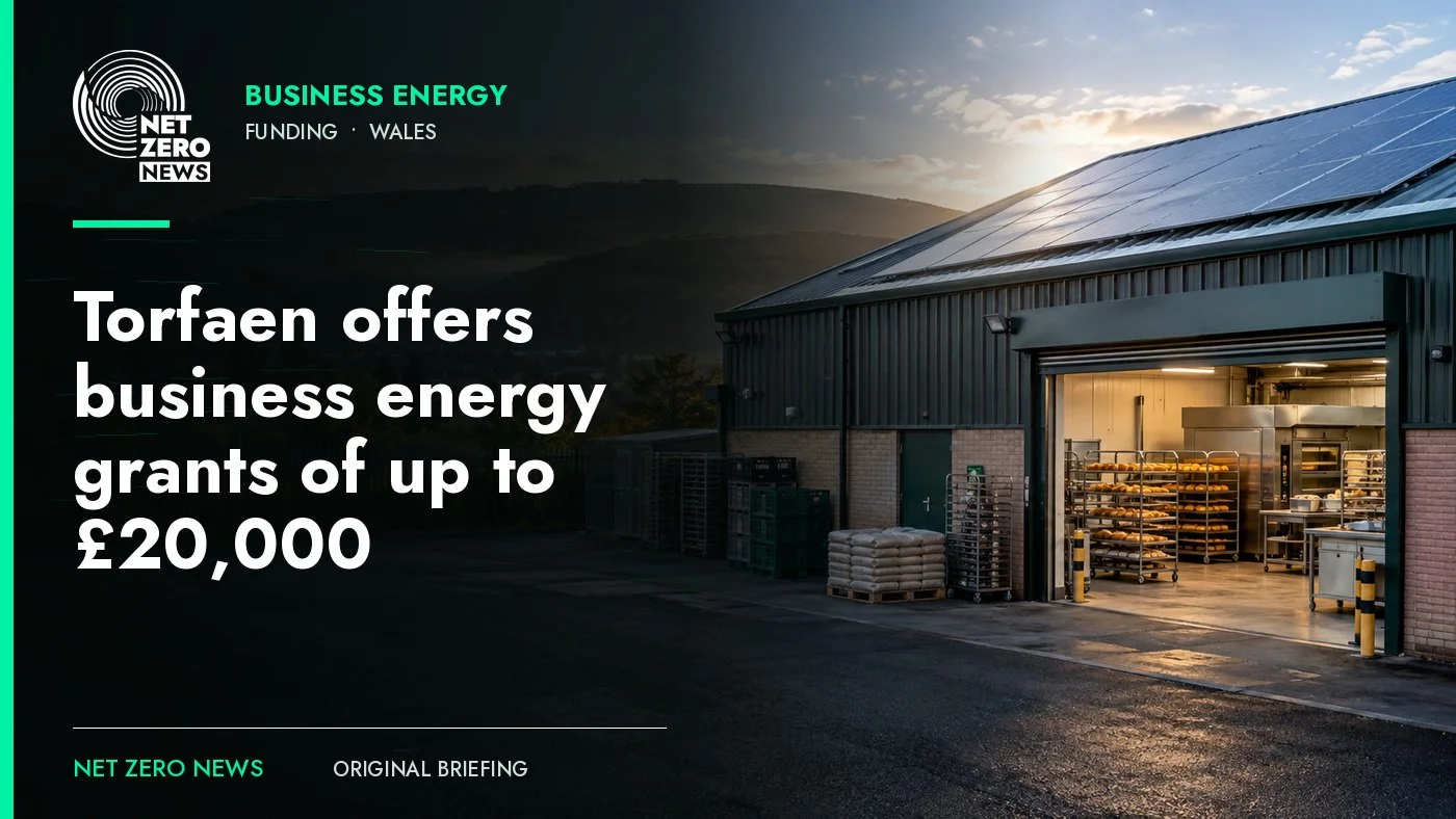 Representative editorial image of rooftop solar on business premises, with the Torfaen grant headline and official Net Zero News logo.
