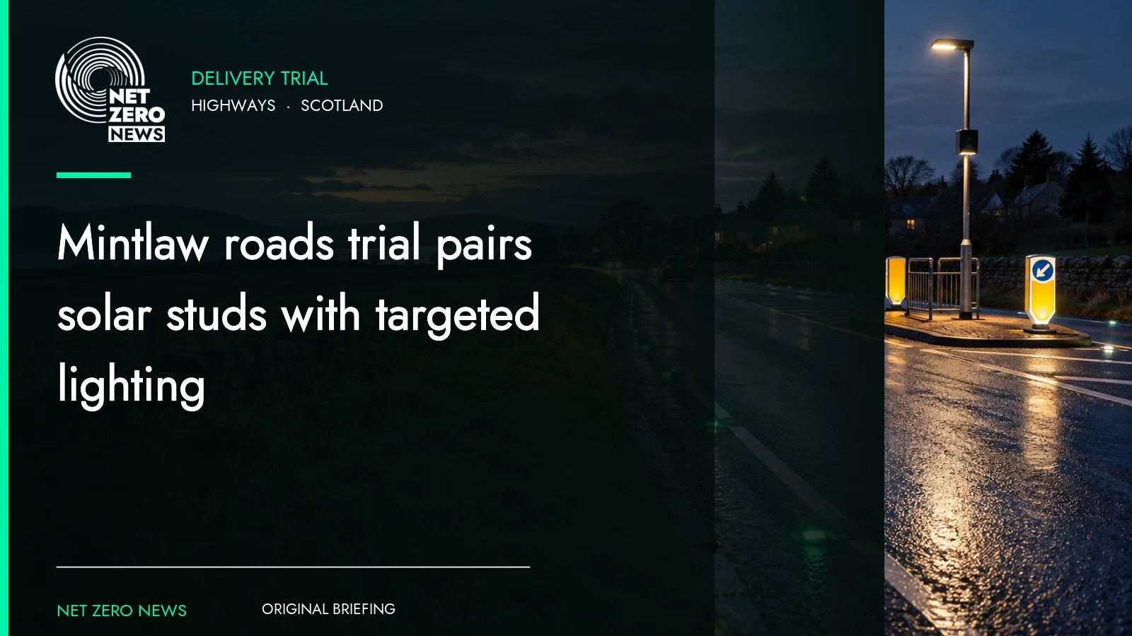 Editorial artwork showing a lit road at night for the Mintlaw lower-carbon roads trial