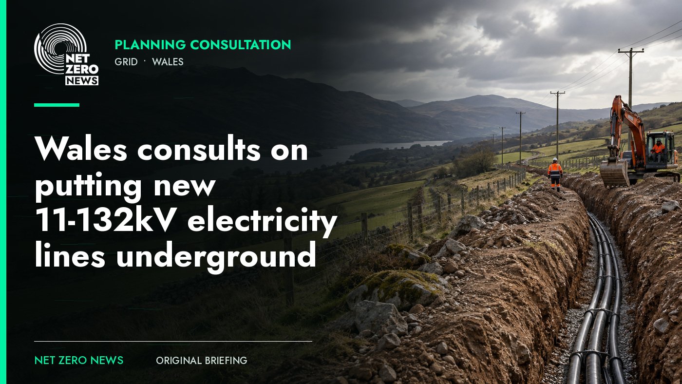 Representative editorial image of underground electricity cables in a Welsh landscape, with the consultation headline and official Net Zero News logo.