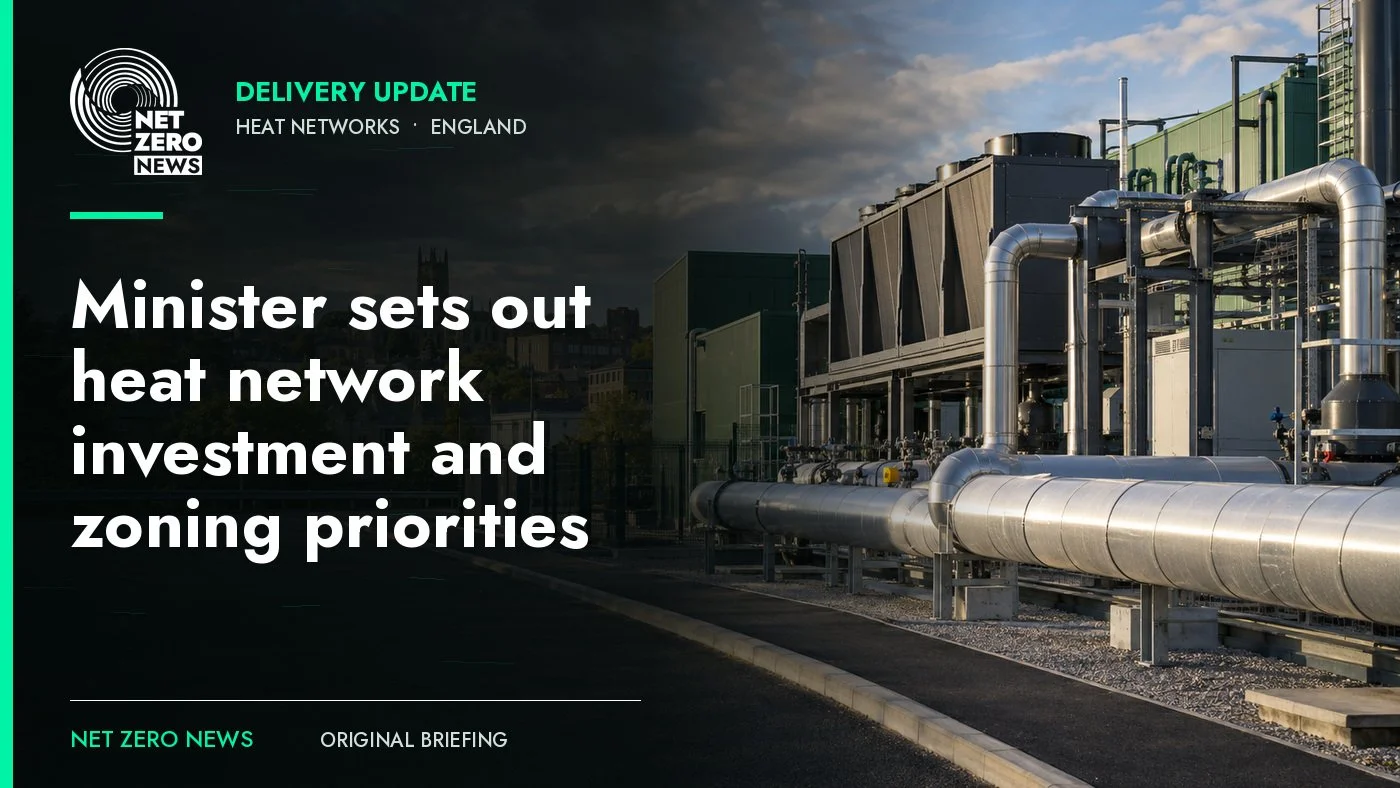 Representative editorial image of district-heating plant and insulated pipework, with the investment and zoning headline and official Net Zero News logo.