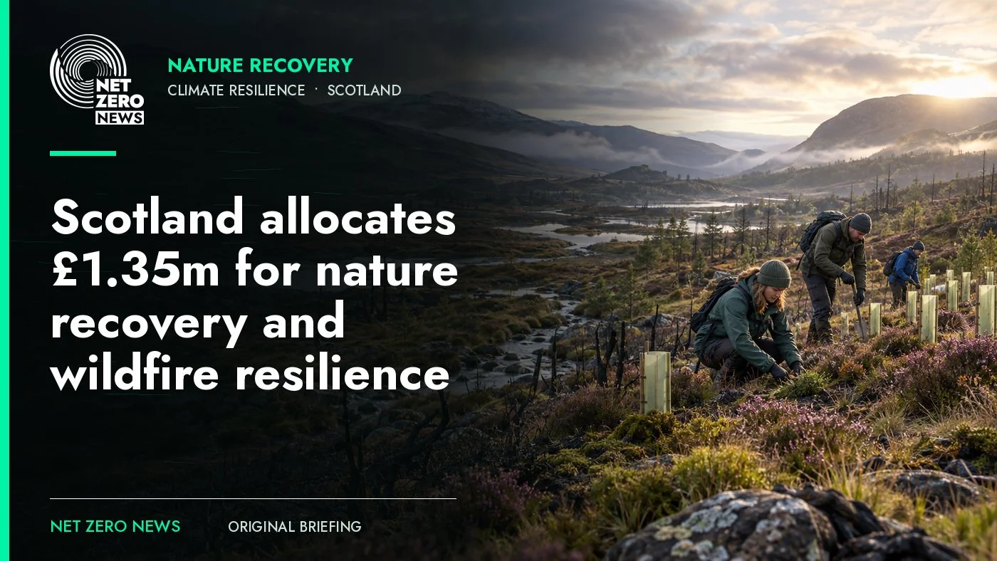 Representative editorial image of habitat restoration in the Scottish Highlands, with the nature recovery headline and official Net Zero News logo.