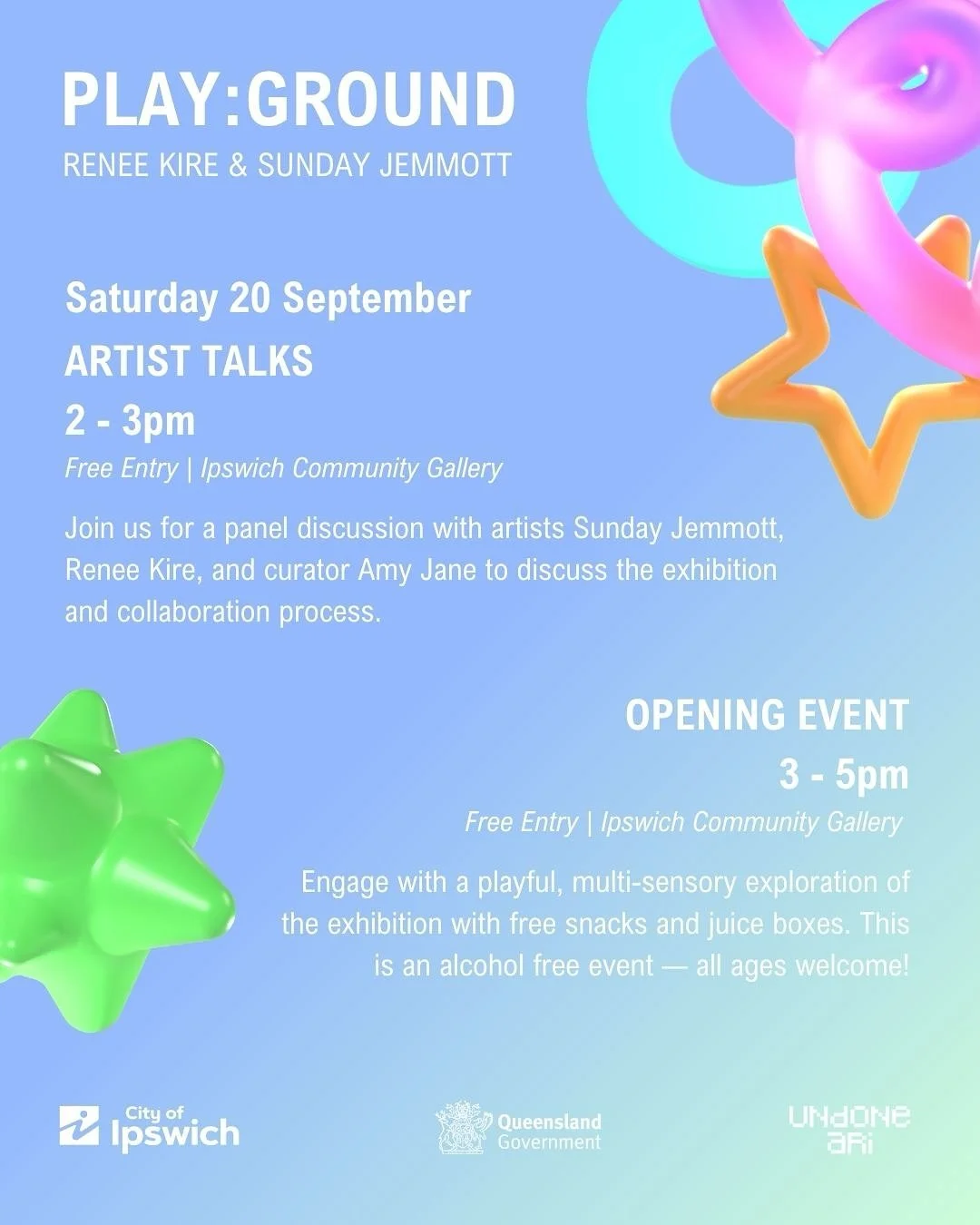 public programs announcement ✨🛝 join us for some fun at the 𝓹𝓵𝓪𝔂:𝓰𝓻𝓸𝓾𝓷𝓭 ! 

SAT 20 SEPT
𝗔𝗿𝘁𝗶𝘀𝘁 𝗧𝗮𝗹𝗸𝘀 2 -3 pm | free entry
𝗢𝗽𝗲𝗻𝗶𝗻𝗴 3 - 5 pm | free entry, snacks &amp; juice boxes 🧃

SUN 28 SEPT
𝗪𝗼𝗿𝗸𝘀𝗵𝗼𝗽 10am - 2pm