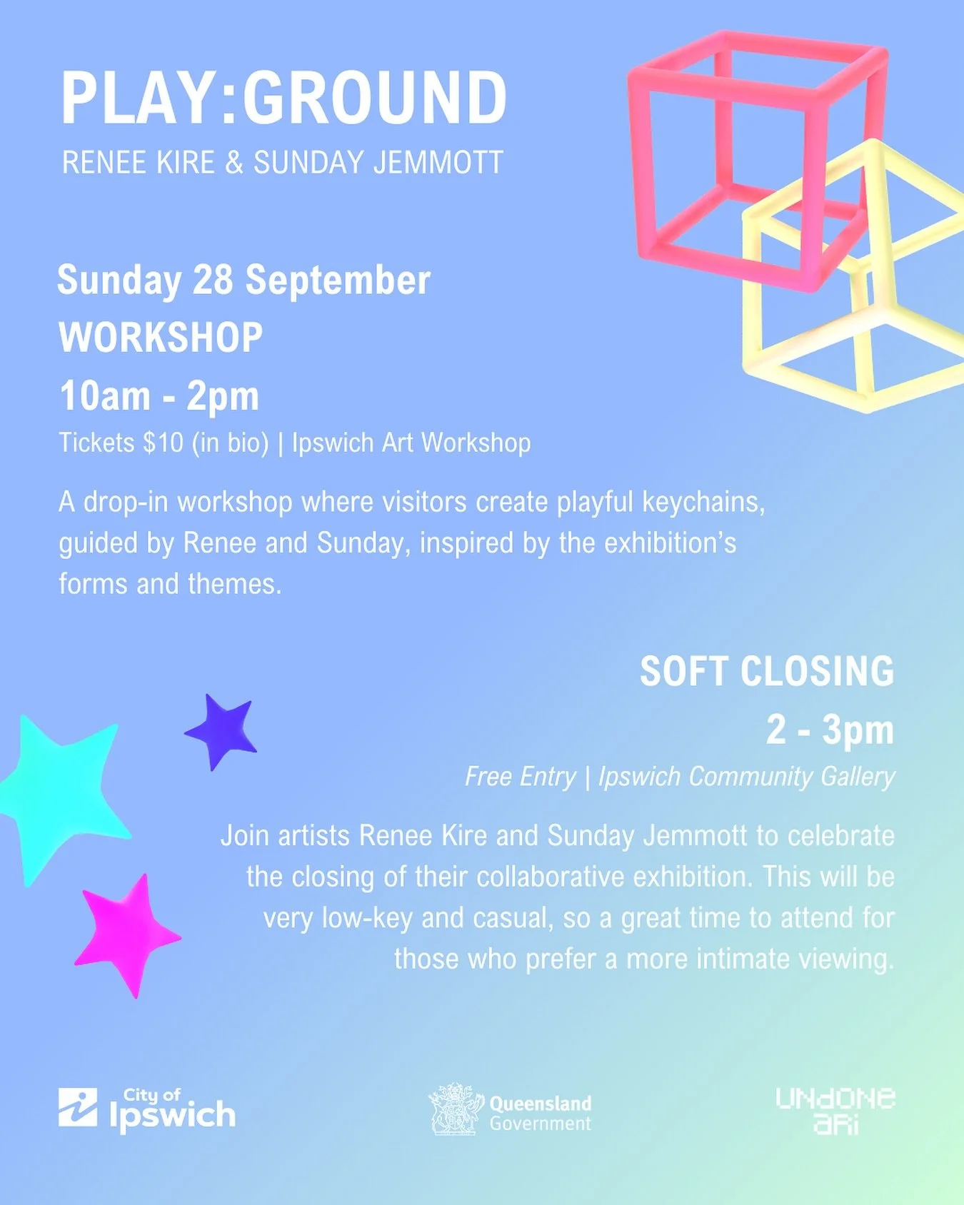 haven&rsquo;t seen 𝓹𝓵𝓪𝔂:𝓰𝓻𝓸𝓾𝓷𝓭 yet? This Sunday is your last chance! 🛝✨

join us for the drop in workshop and/or our soft closing event this Sunday &mdash; we&rsquo;d love to see you there and celebrate closing this exhibition together. 

