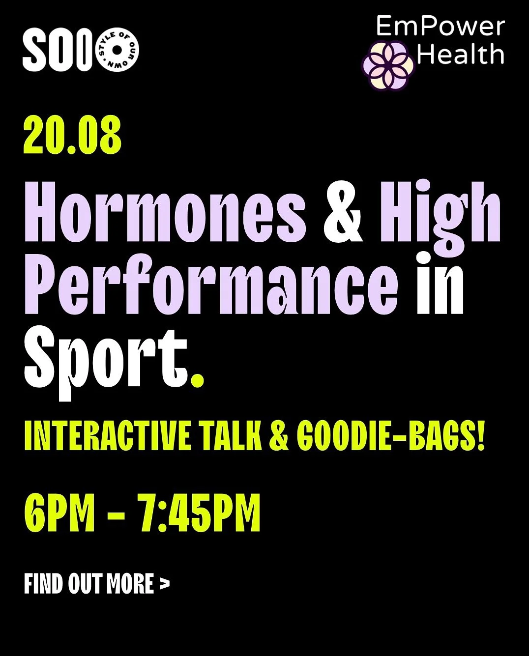 🗓️ WYD on Wednesday 20th August?! Come and learn about female hormones &amp; high performance in sport with an interactive talk from @em.power.health at the @soooldn store on📍Regent St!! 🤩 KO at 6pm with LOTS of free goodie bags for everyone who a