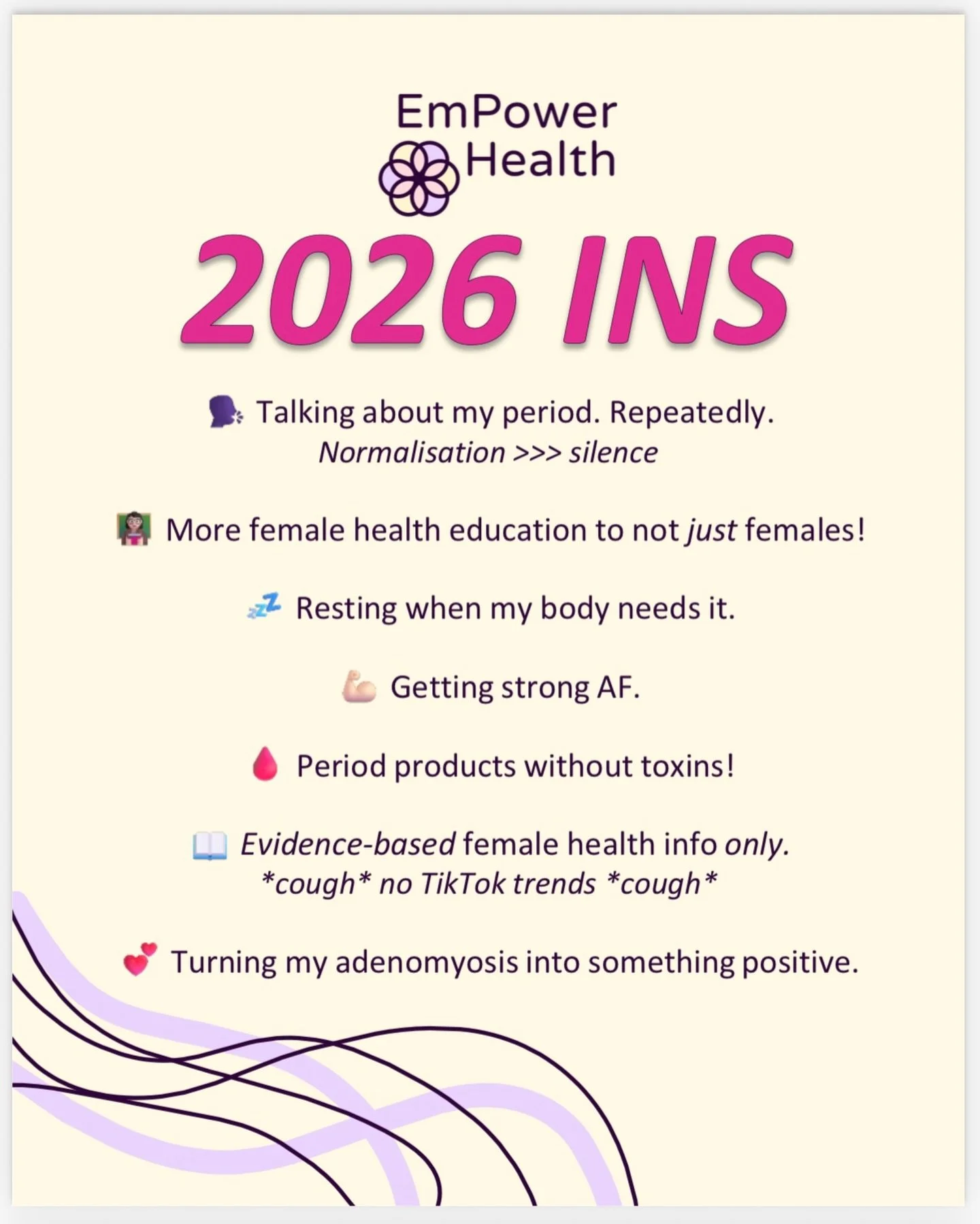 💜 2026 INS 💜 
✅ Still talking about periods 
✅ Still normalising female health 
✅ Still taking an evidence-led, science-backed approach

Trends come and go but female physiology doesn&rsquo;t!! 

Here for the conversations we were told not to have!