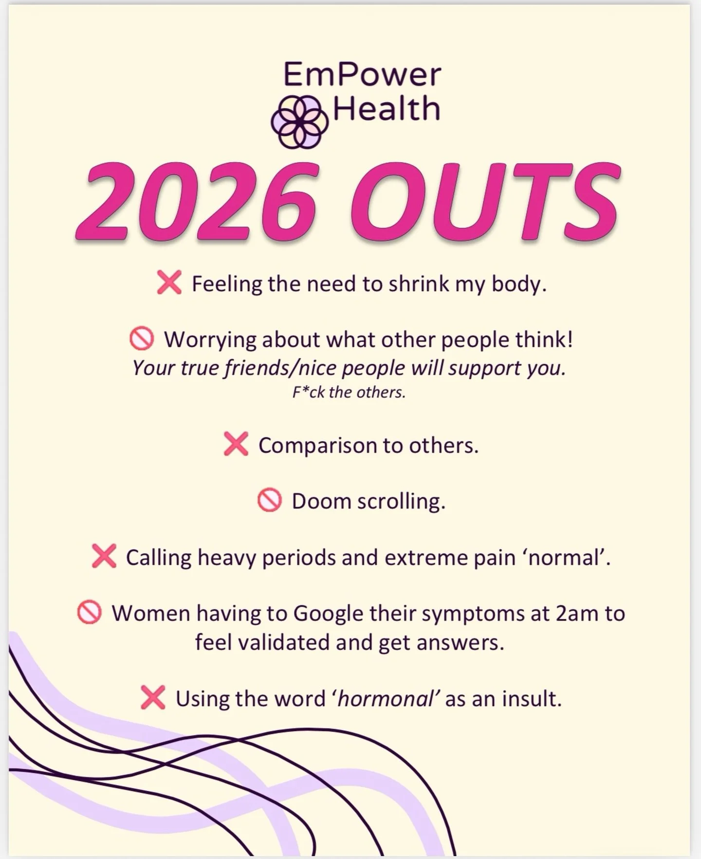 ❌ 2026 OUTS ❌ 
⛔️ Out with comparison and caring what others think
⛔️ Out with minimising 
⛔️ Out with misinformation 

If talking about periods makes people uncomfortable&hellip; good. That&rsquo;s usually where change starts! 📈 🚀 

Here&rsquo;s t