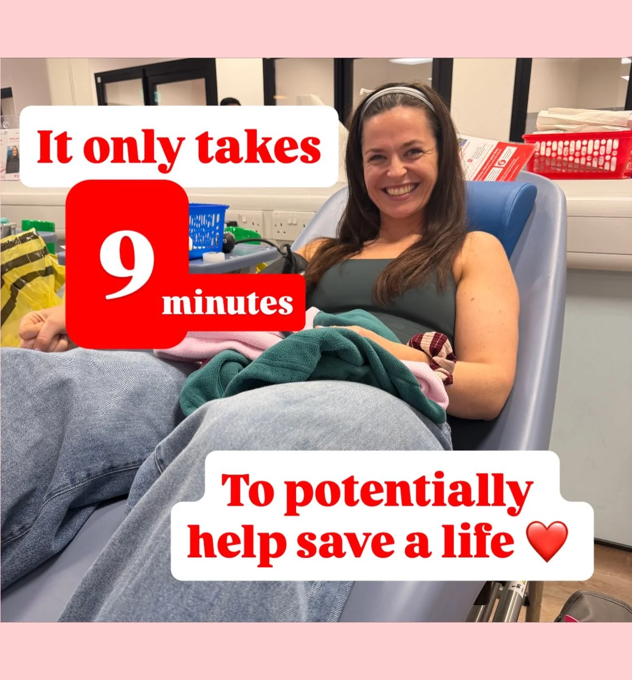 🩸 Yesterday, I donated blood&hellip; and the actual donation itself only took 9 MINUTES ⏰ 

The whole process is simple: 
✅ Quick health check (finger prick &amp; Qs) 
✅ Sit back while your blood is collected 
✅ Rest, snack and then you&rsquo;re don