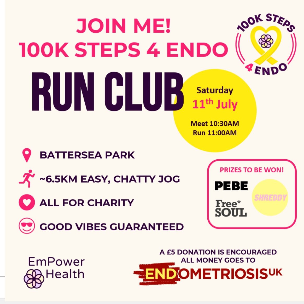 🏃🏻&zwj;♀️ My 100K STEPS 4 ENDO RUN CLUB IS OFFICIALLY LIVE! 💛

As part of my 100KSteps4Endo challenge (🫣) on Saturday 11th July, I&rsquo;m hosting a community run club entirely for charity in and around Battersea Park and I&rsquo;d absolutely lov