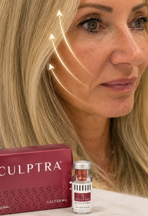 Close-up of a woman with blonde hair demonstrating facial massage using Sculptra product, with arrows indicating lifting directions, and Sculptra packaging and vial visible.